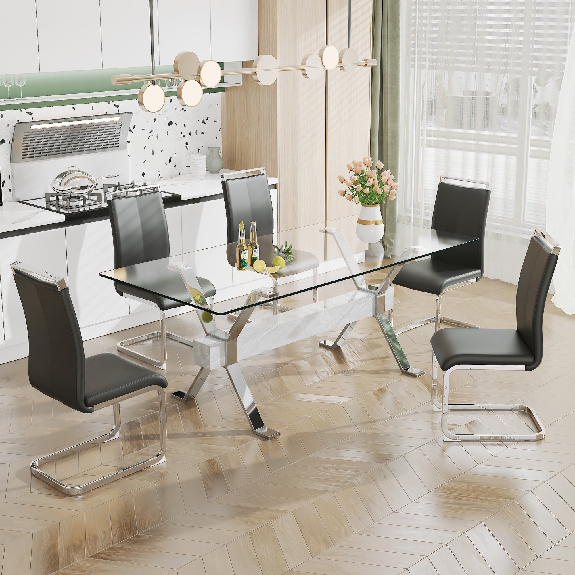 Dining table. Modern tempered glass dining table. Large modern office desk with silver plated metal legs and MDF crossbars, suitable for both home and office use. Kitchen. 79 ''x39''x30 '' 1105