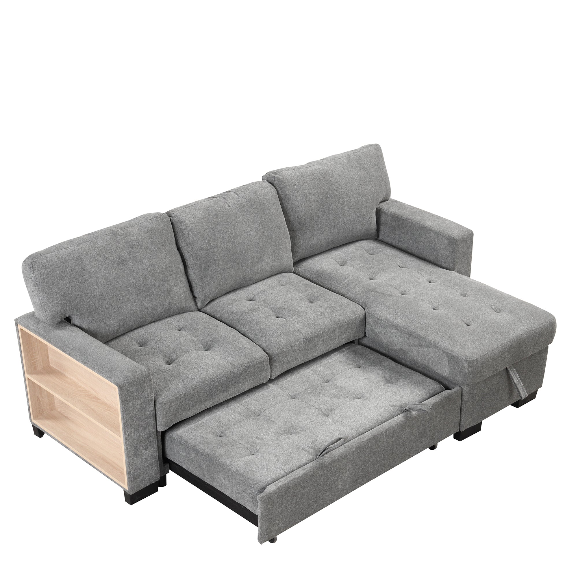 Stylish and Functional Light Chaise Lounge Sectional with Storage Rack Pull-out Bed Drop Down Table  and USB Charger Gray