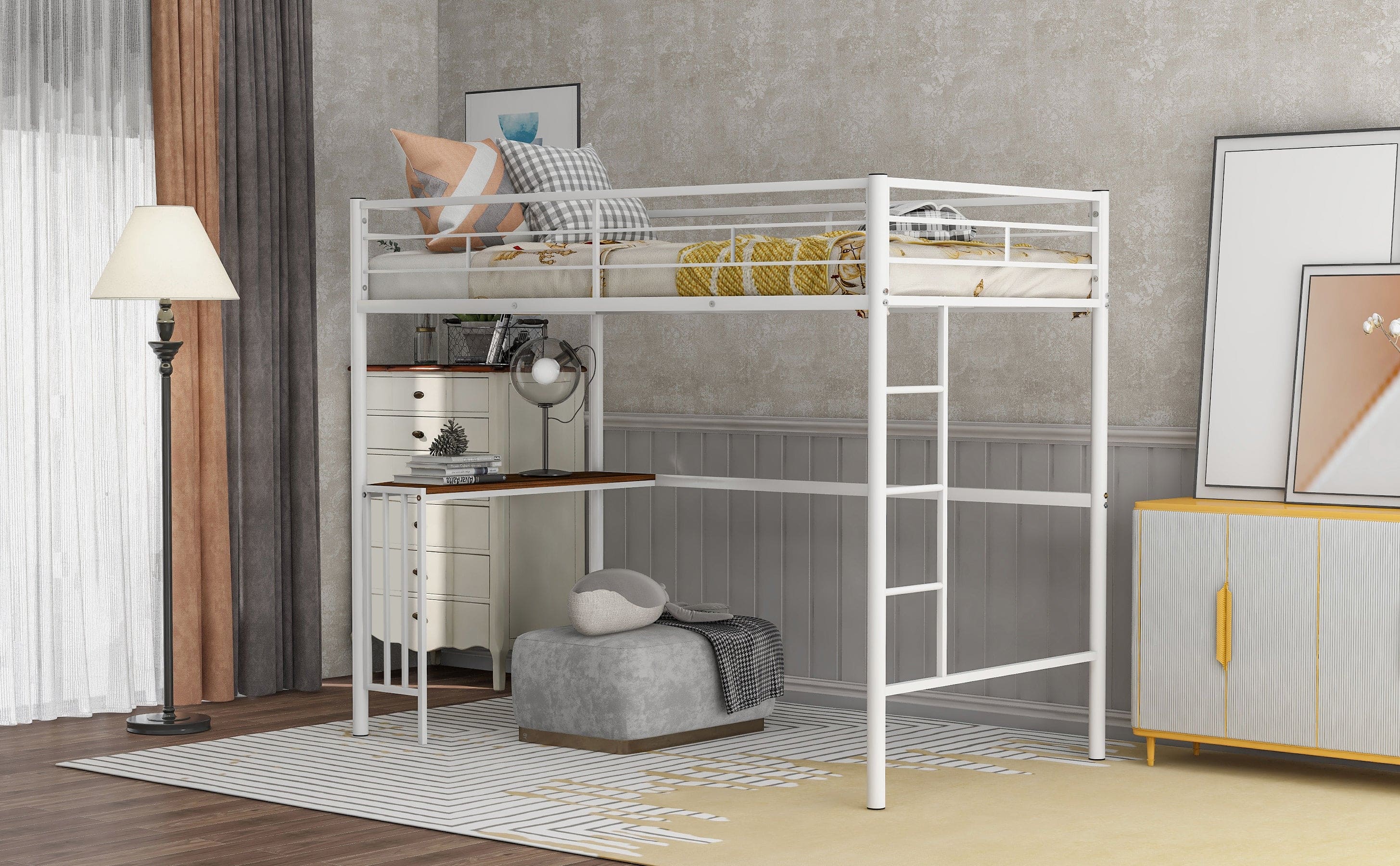 Twin Metal Bunk Bed with Desk, Ladder and Guardrails, Loft Bed for Bedroom, White(OLD SKU : MF195191AAK)