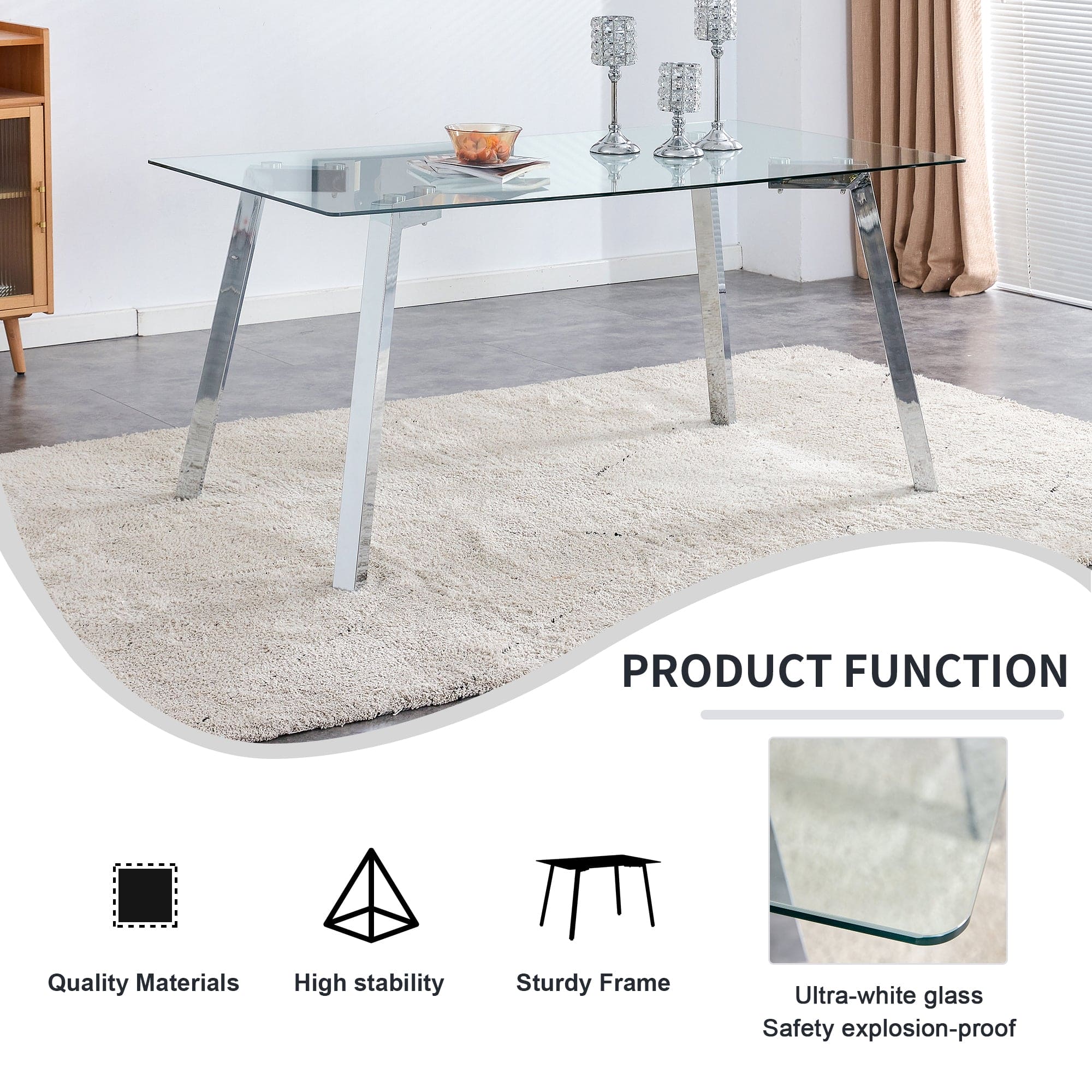 A modern minimalist rectangular glass dining table with tempered glass tabletop and silver metal legs, suitable for kitchens, restaurants, and living rooms,63"*35.4"*30"