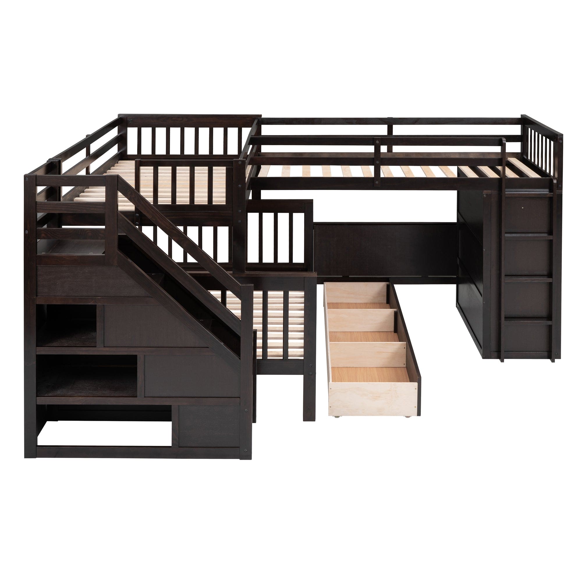 Twin-Twin over Full L-Shaped Bunk Bed With 3 Drawers, Portable Desk and Wardrobe, Espresso