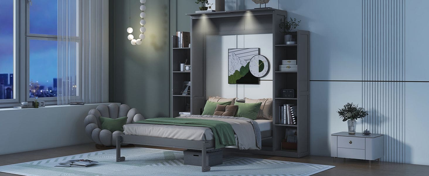 Full Size Murphy Bed Wall Bed with Shelves and LED Lights,Gray