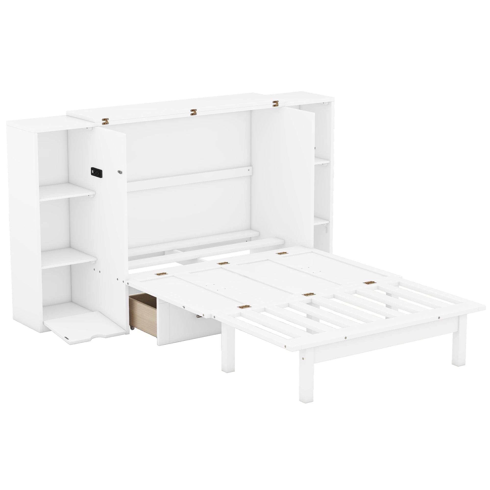 Queen Size Murphy Bed with Shelves, Drawers and USB Ports,White