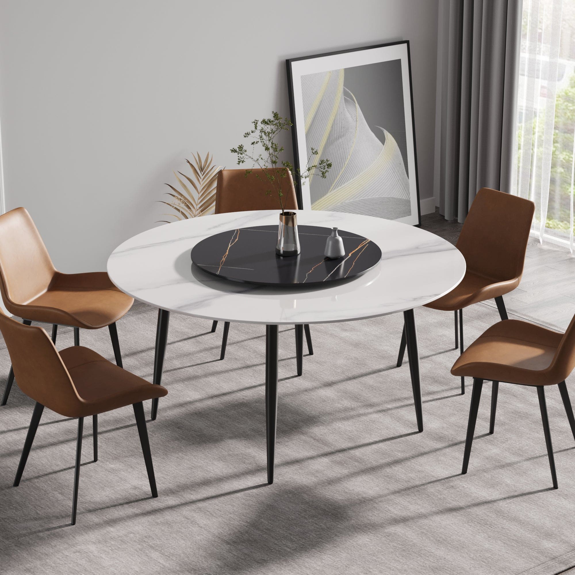 59.05"Modern artificial stone round black metal dining table-can accommodate 6 people-31.5"black artificial stone turntable