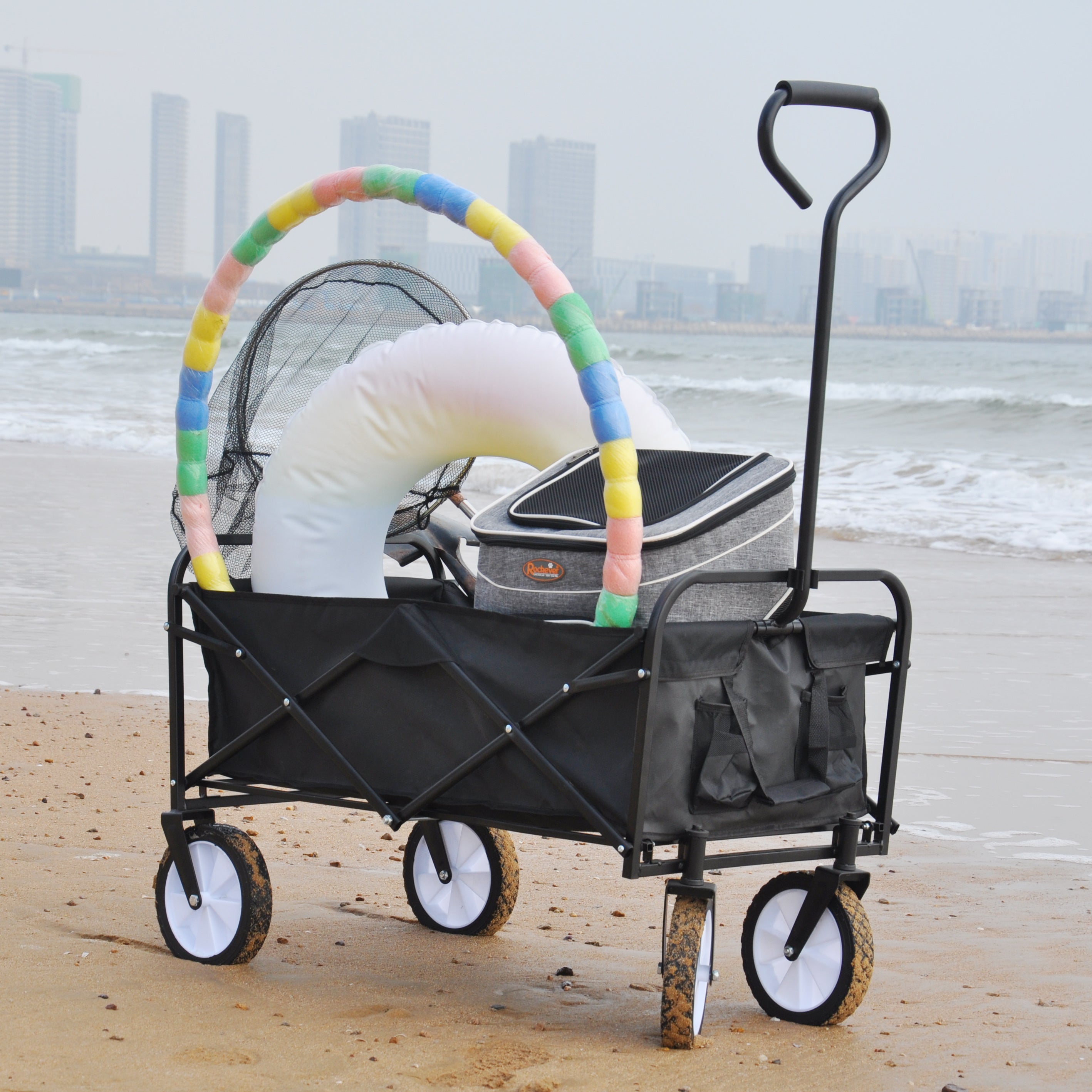 Folding Wagon Garden Shopping Beach Cart (Black)