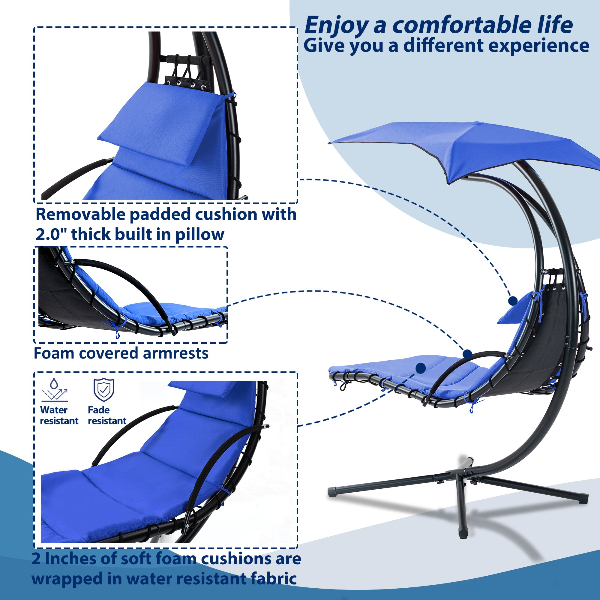 Hanging Chaise Lounger with Removable Canopy, Outdoor Swing Chair with Built-in Pillow, Hanging Curved Chaise Lounge Chair Swing for Patio Porch Poolside, Hammock Chair with Stand (Blue)