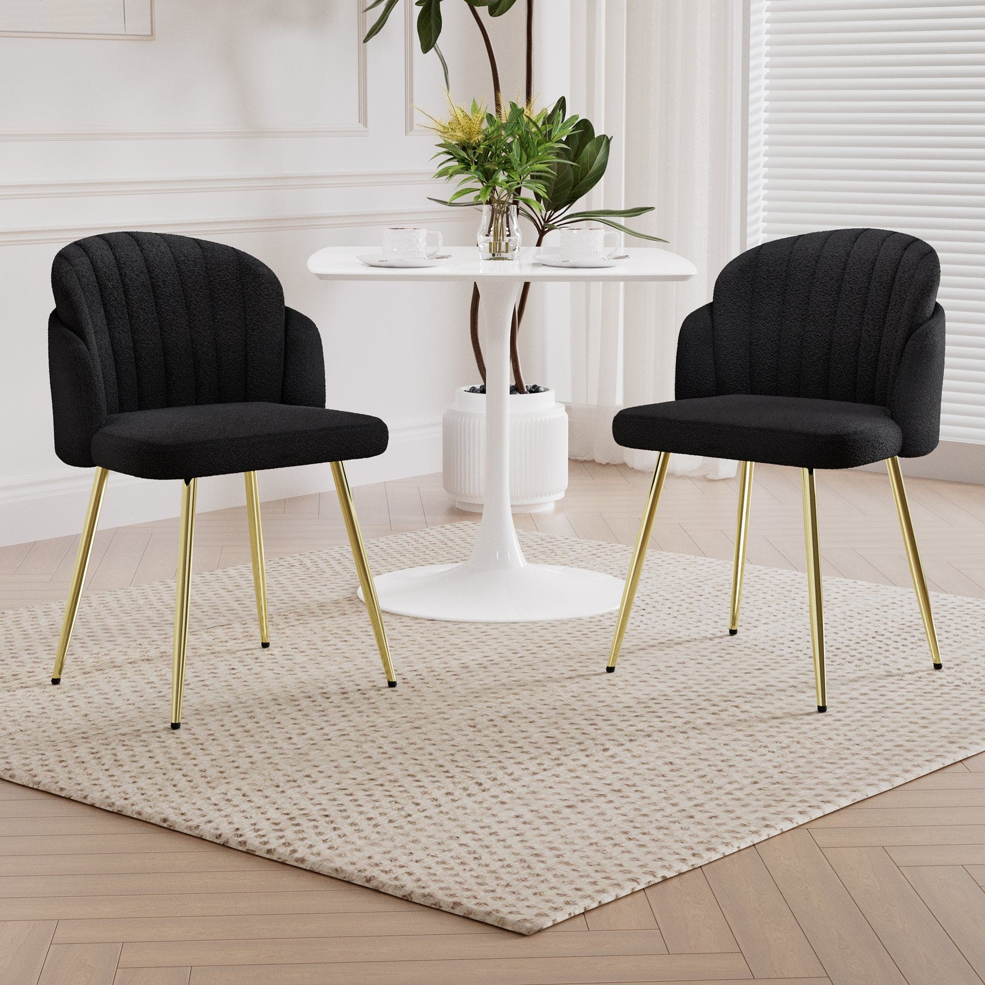 Modern simple black teddy fleece dining chair Fabric Upholstered Chairs home bedroom stool back dressing chair gold metal legs(set of 2)