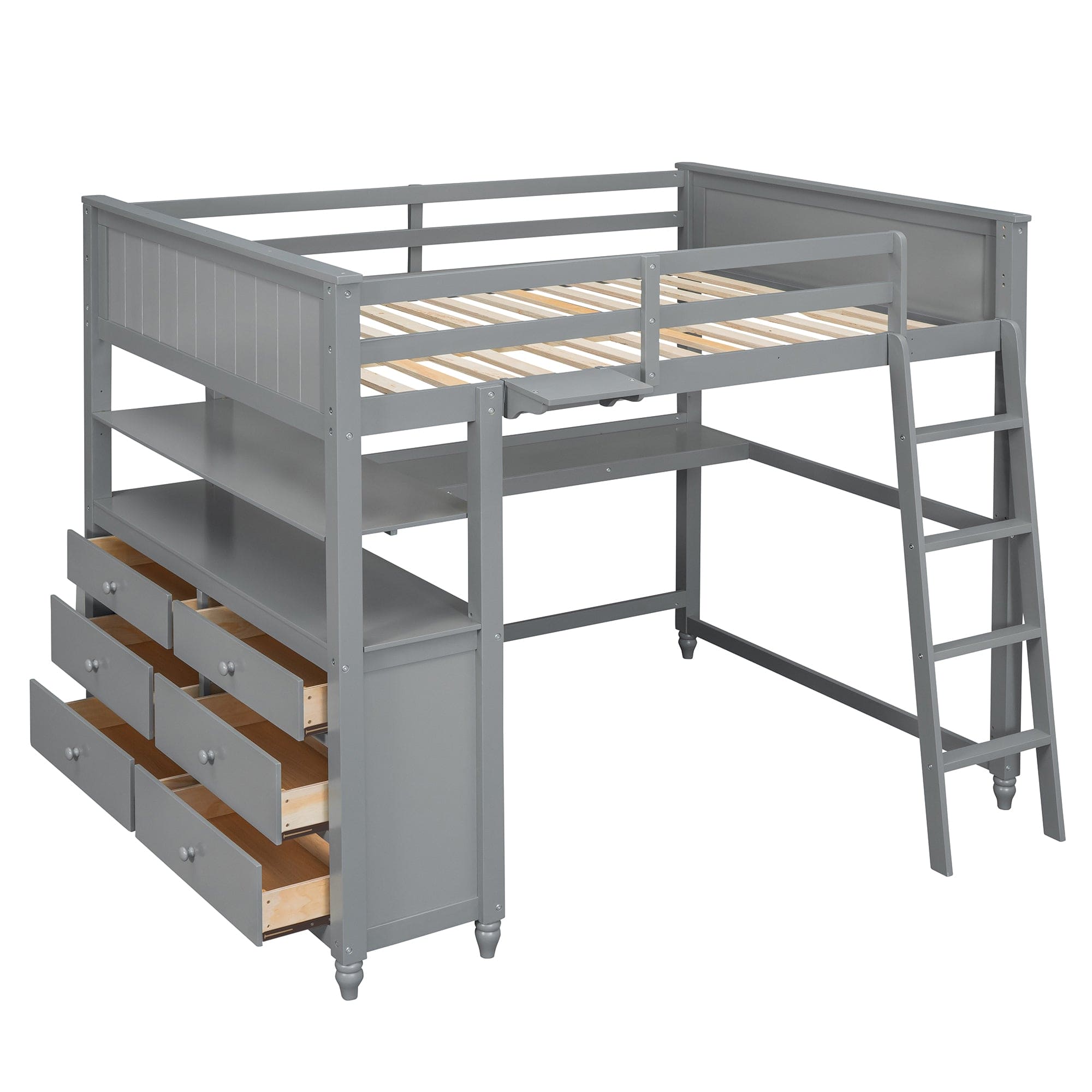 Full size Loft Bed with Drawers and Desk, Wooden Loft Bed with Shelves - Gray(OLD SKU:LT001529AAE)