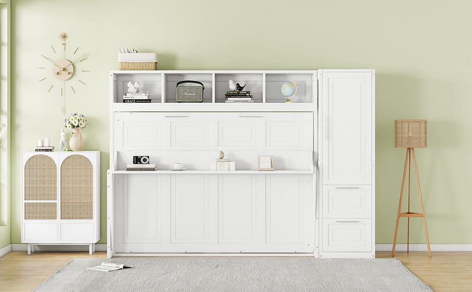 Full Size Murphy Bed Wall Bed with Closet and Drawers,White