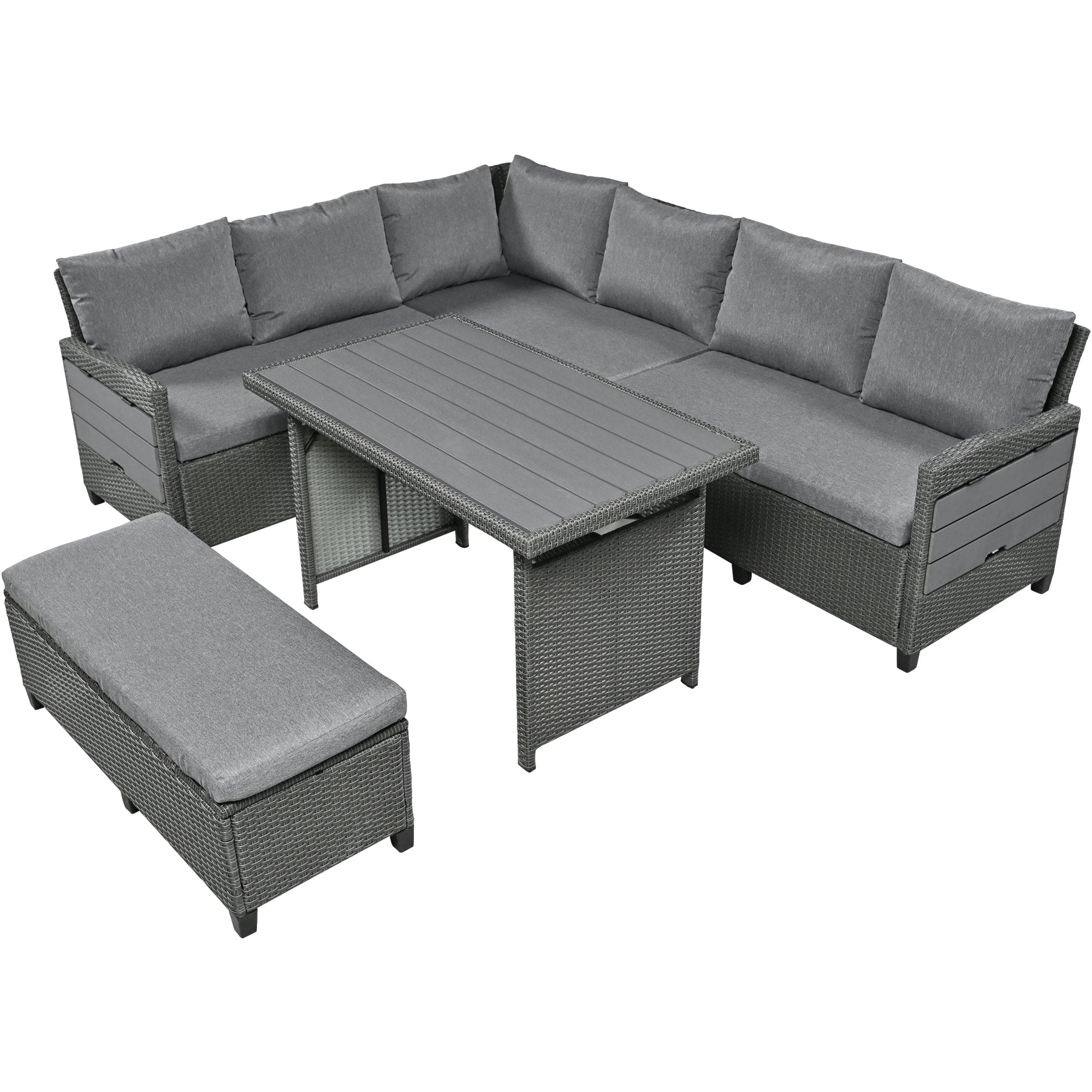 TOMAX 5-Piece Outdoor Patio Rattan Sofa Set, Sectional PE Wicker L-Shaped Garden Furniture Set with 2 Extendable Side Tables, Dining Table and Washable Covers for Backyard, Poolside, Indoor, Gray