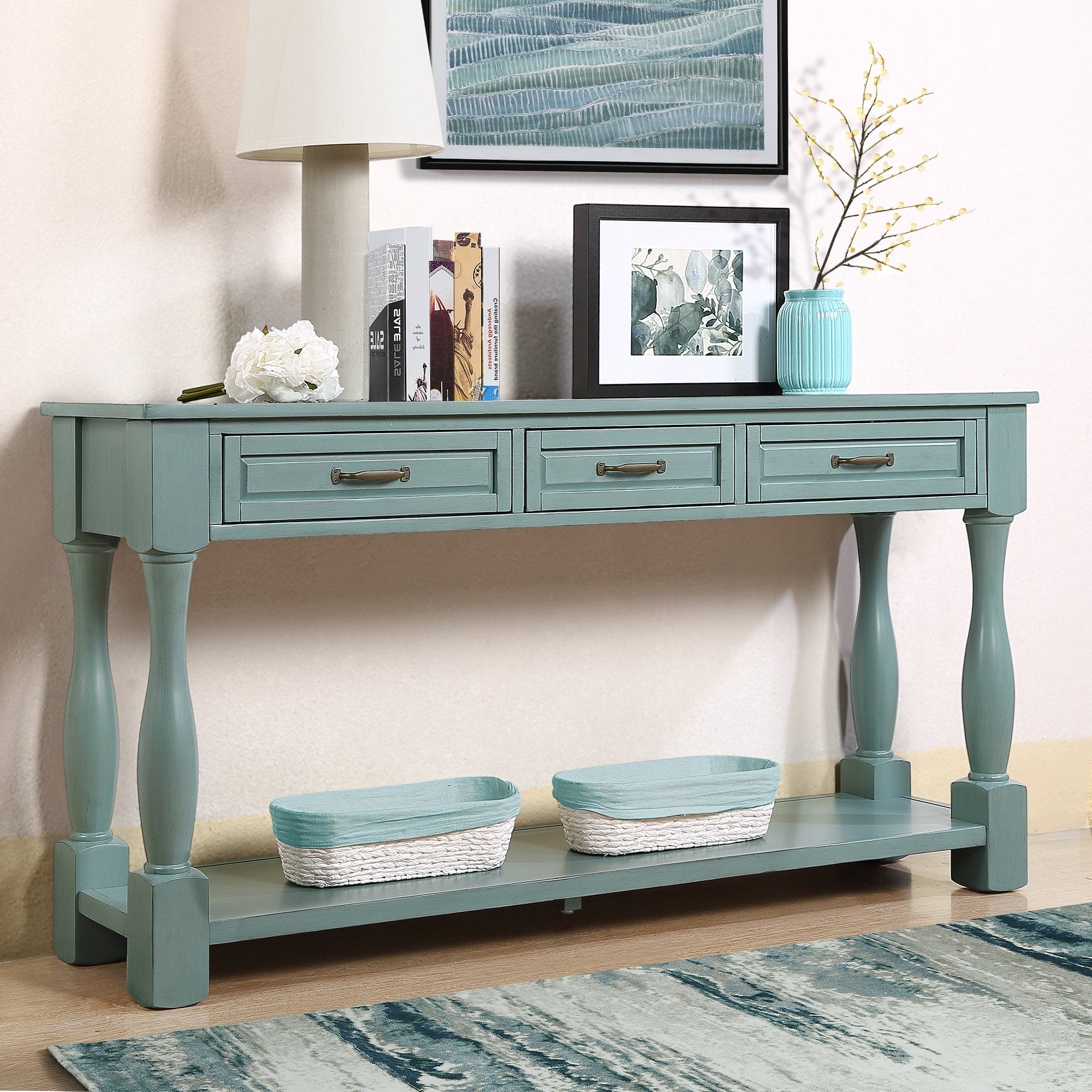 63inch Long Wood Console Table with 3 Drawers and 1 Bottom Shelf for Entryway Hallway Easy Assembly Extra-thick Sofa Table ( Retro Blue)