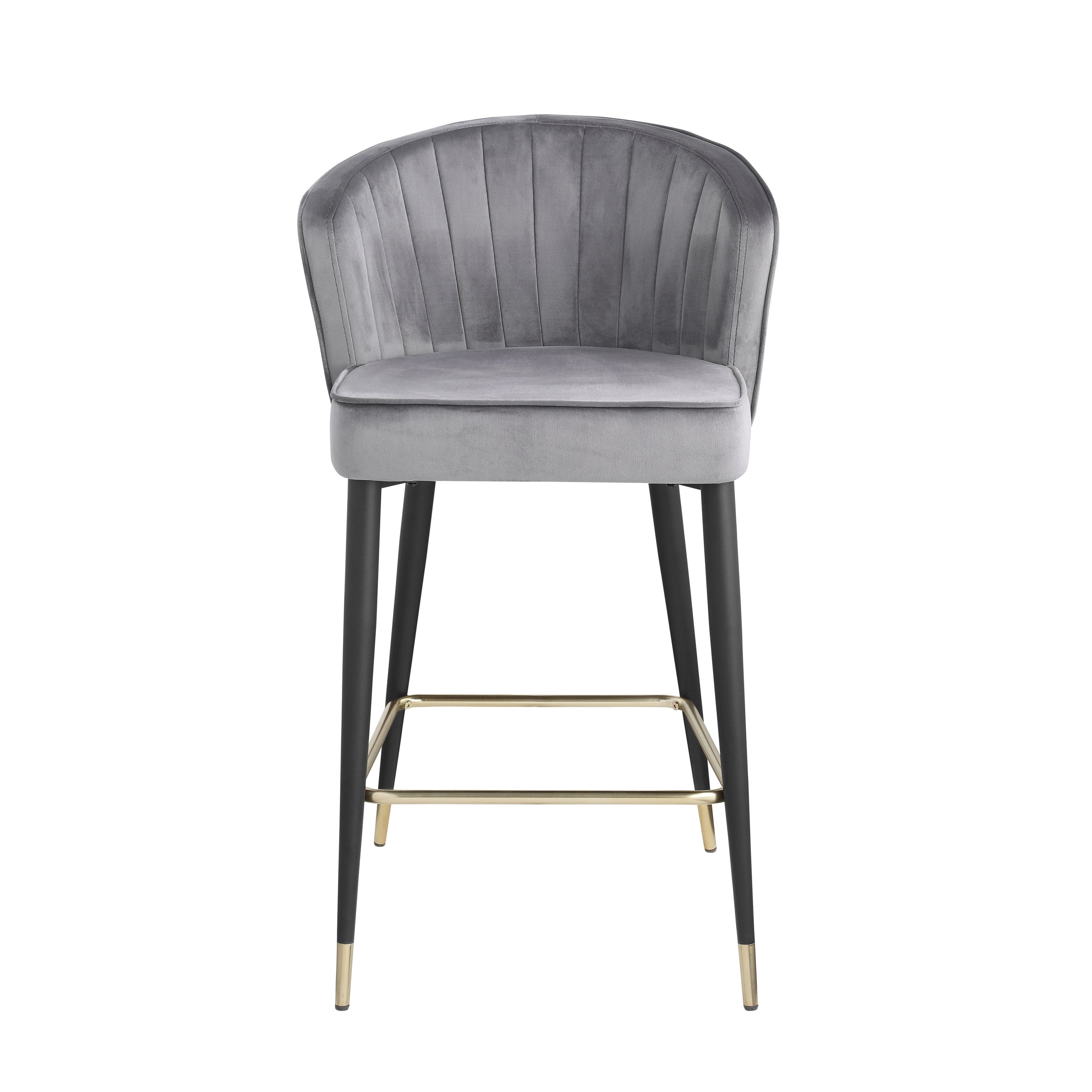 Contemporary Velvet Upholstered Counter Height Stool with Deep Channel Tufting and Gold Tipped, Black Metal Legs, 20" W x 21" D x 36.5" H, Gray