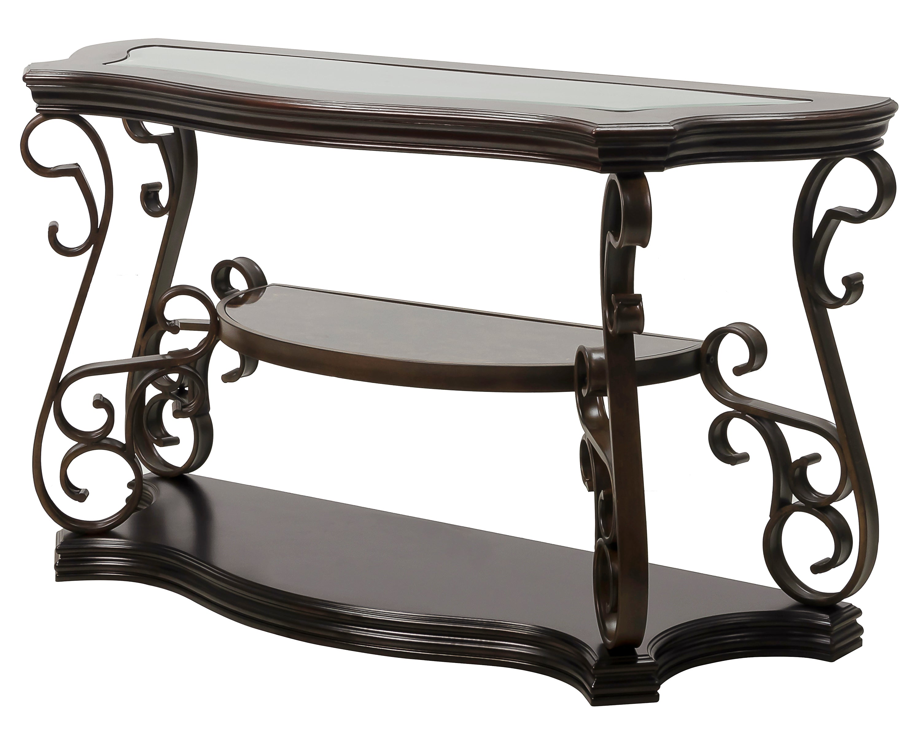 Sofa Table, Glass table top, MDF W/marble paper middle shelf, powder coat finish metal legs. (54"Lx20"Wx30"H)