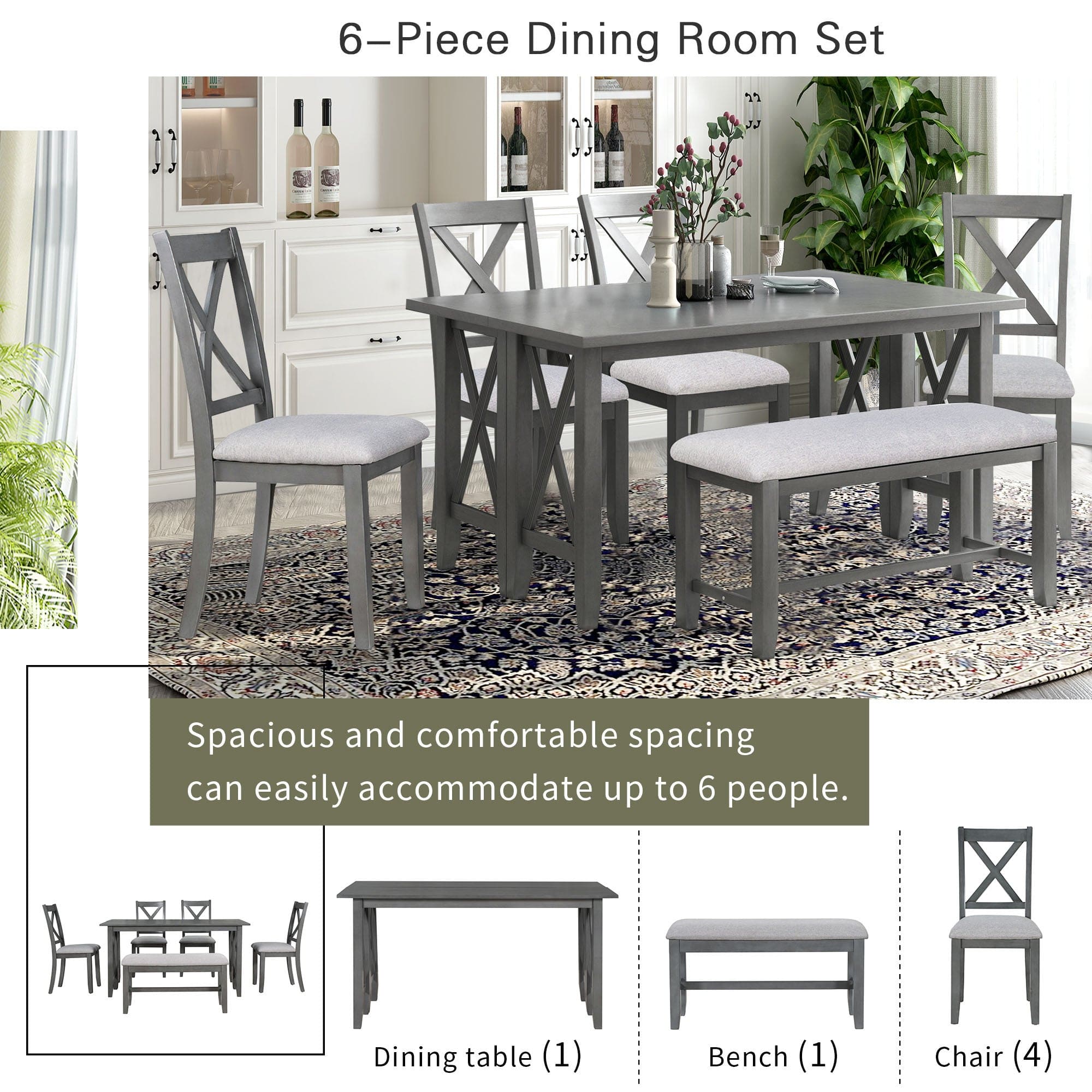 TREXM 6-Piece Family Dining Room Set Solid Wood Space Saving Foldable Table and 4 Chairs with Bench for Dining Room (Gray)