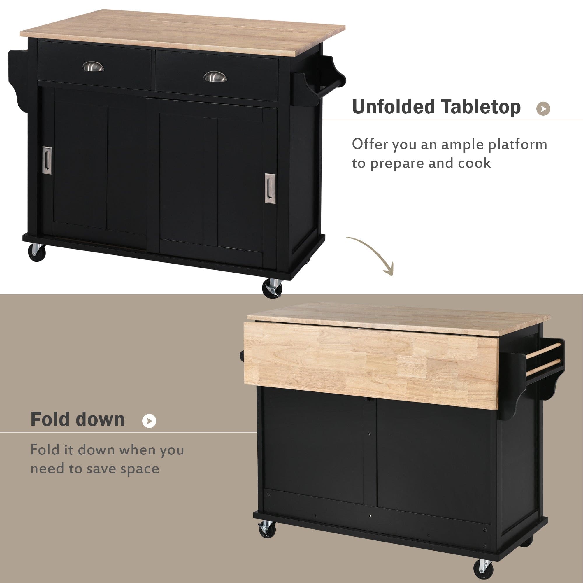 Kitchen Cart with Rubber wood Drop-Leaf Countertop, Concealed sliding barn door adjustable height,Kitchen Island on 4 Wheels with Storage Cabinet and 2 Drawers,L52.2xW30.5xH36.6 inch, Black