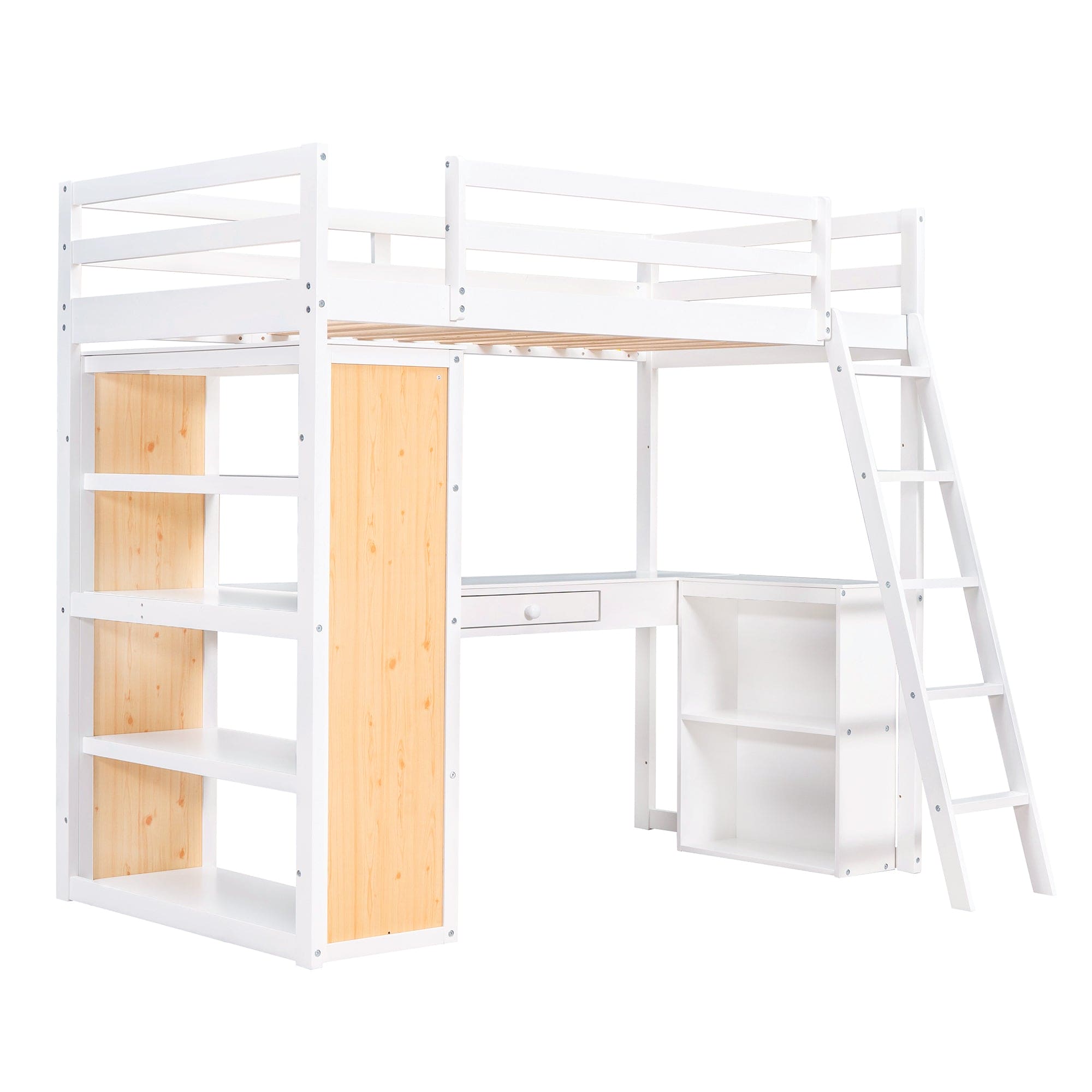 Twin Size Loft Bed with Ladder, Shelves, and Desk, White(OLD SKU:LT100225AAK)