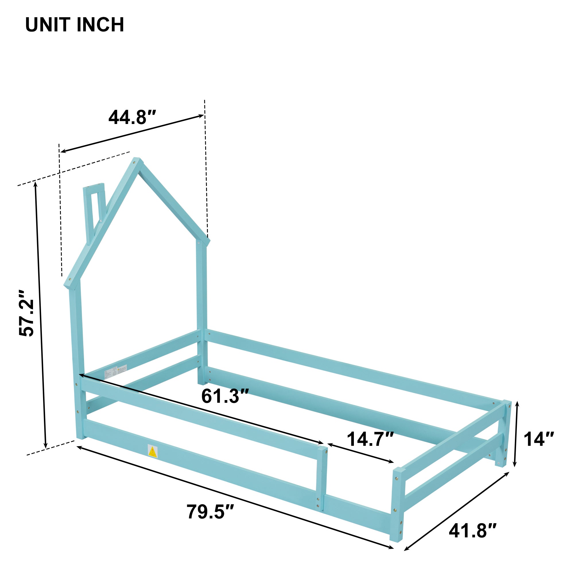 Twin Size Wood bed with House-shaped Headboard Floor bed with Fences,Light Blue