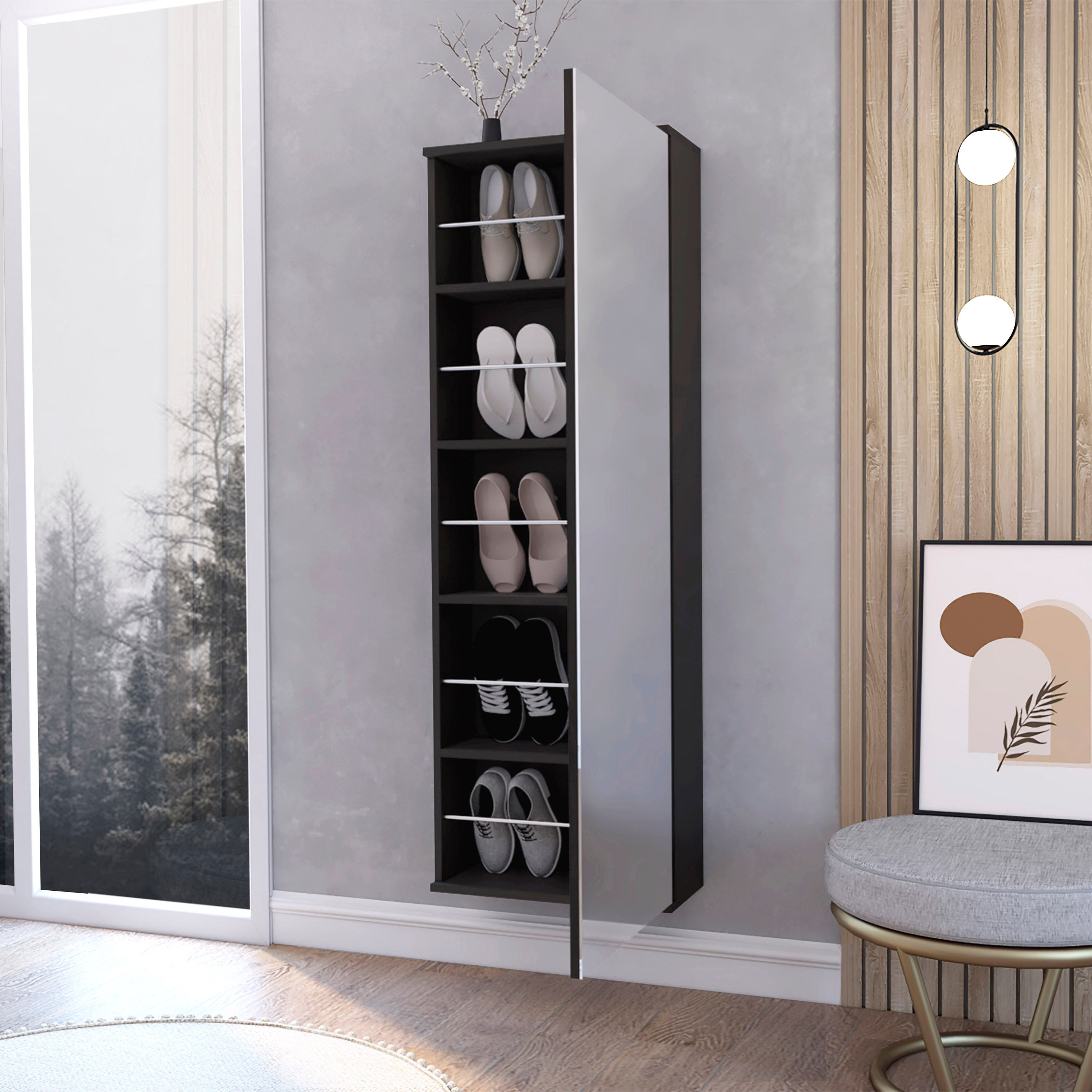 Wall Mounted Shoe Rack With Mirror Chimg, Single Door, Black Wengue Finish