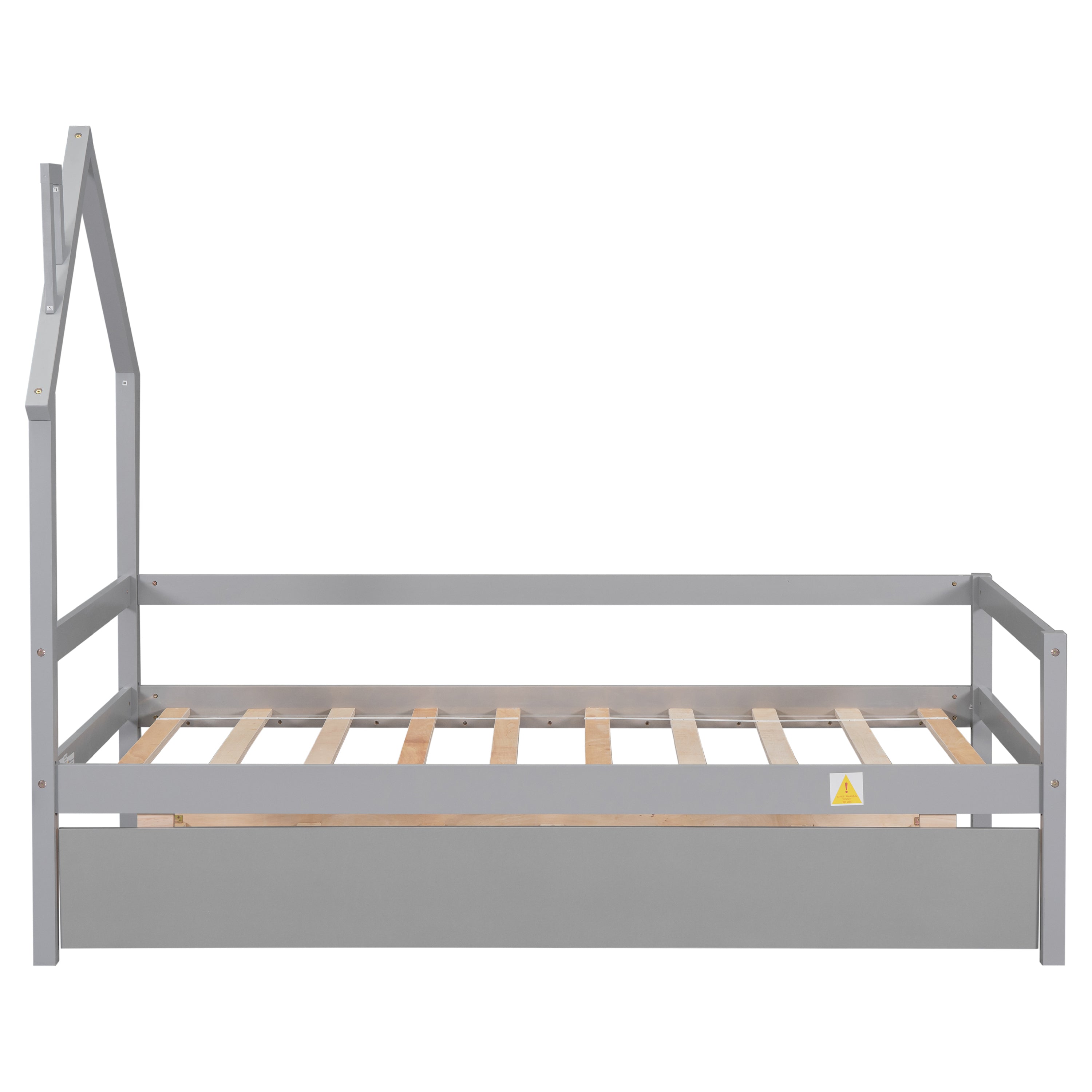 Twin Wooden Daybed with trundle, Twin House-Shaped Headboard  bed with Guardrails,Grey