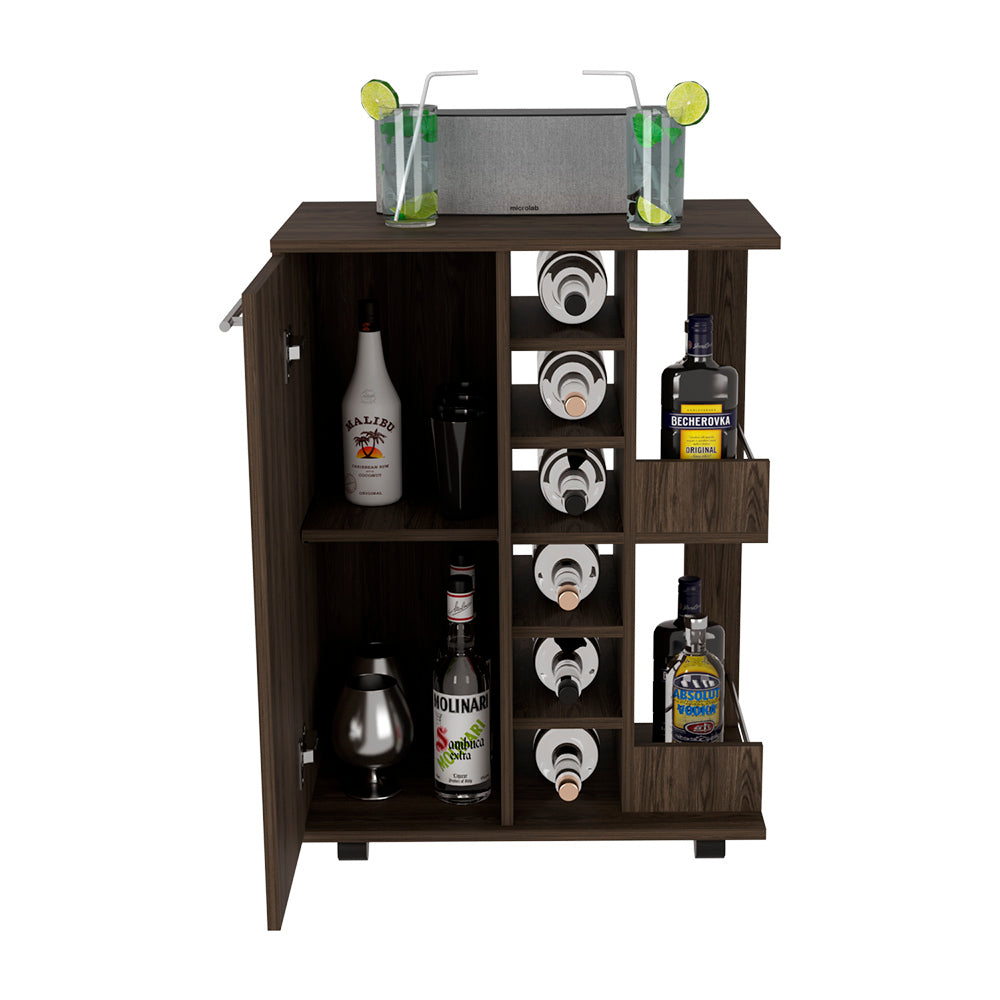 Bar Cart Wells, Four Casters, Dark Walnut Finish