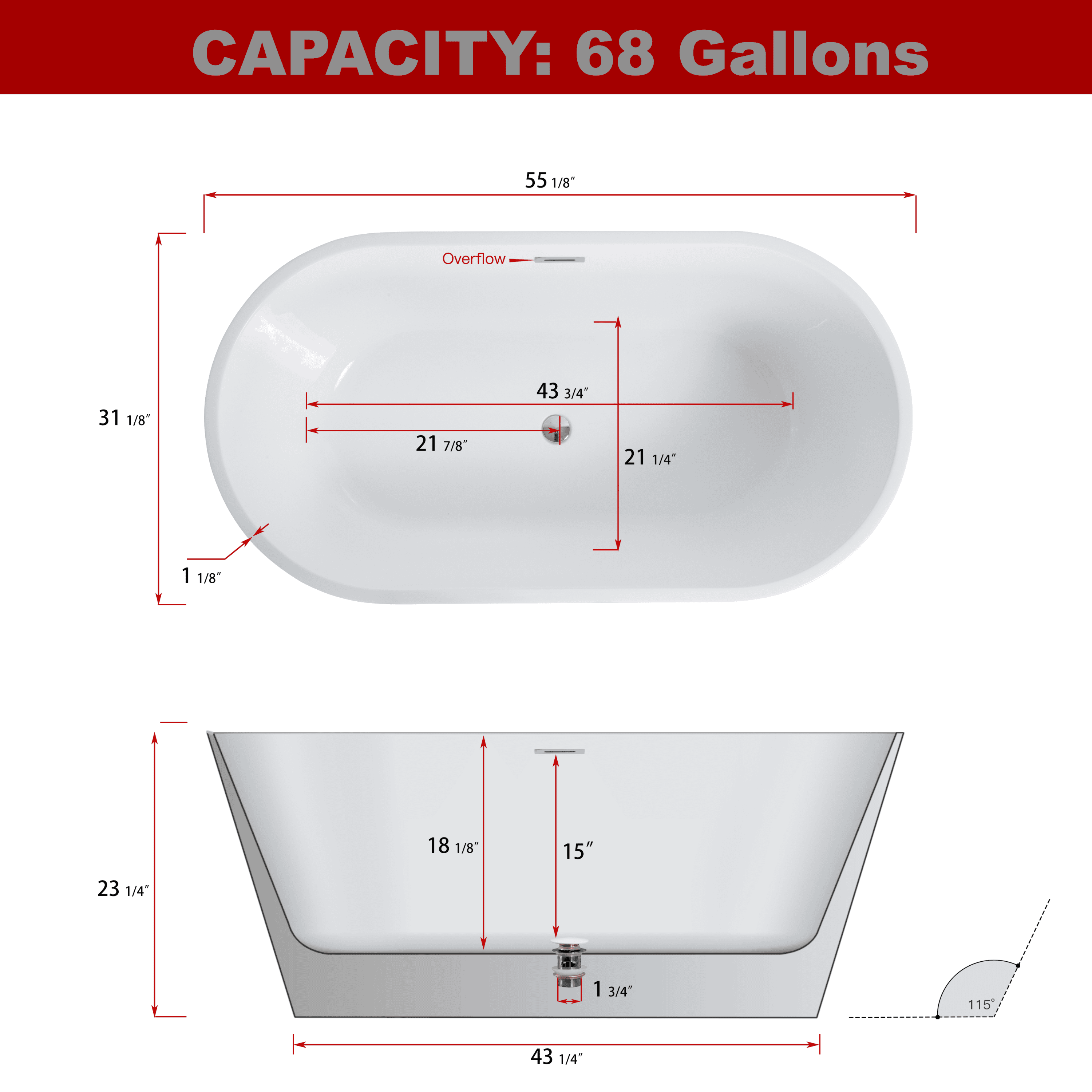 Acrylic Freestanding Bathtub: Contemporary Soaking Tub with Chrome Overflow and Drain, in High-Gloss White Finish, cUPC Certified for Quality Assurance - 55.12*31.10 22A02-55