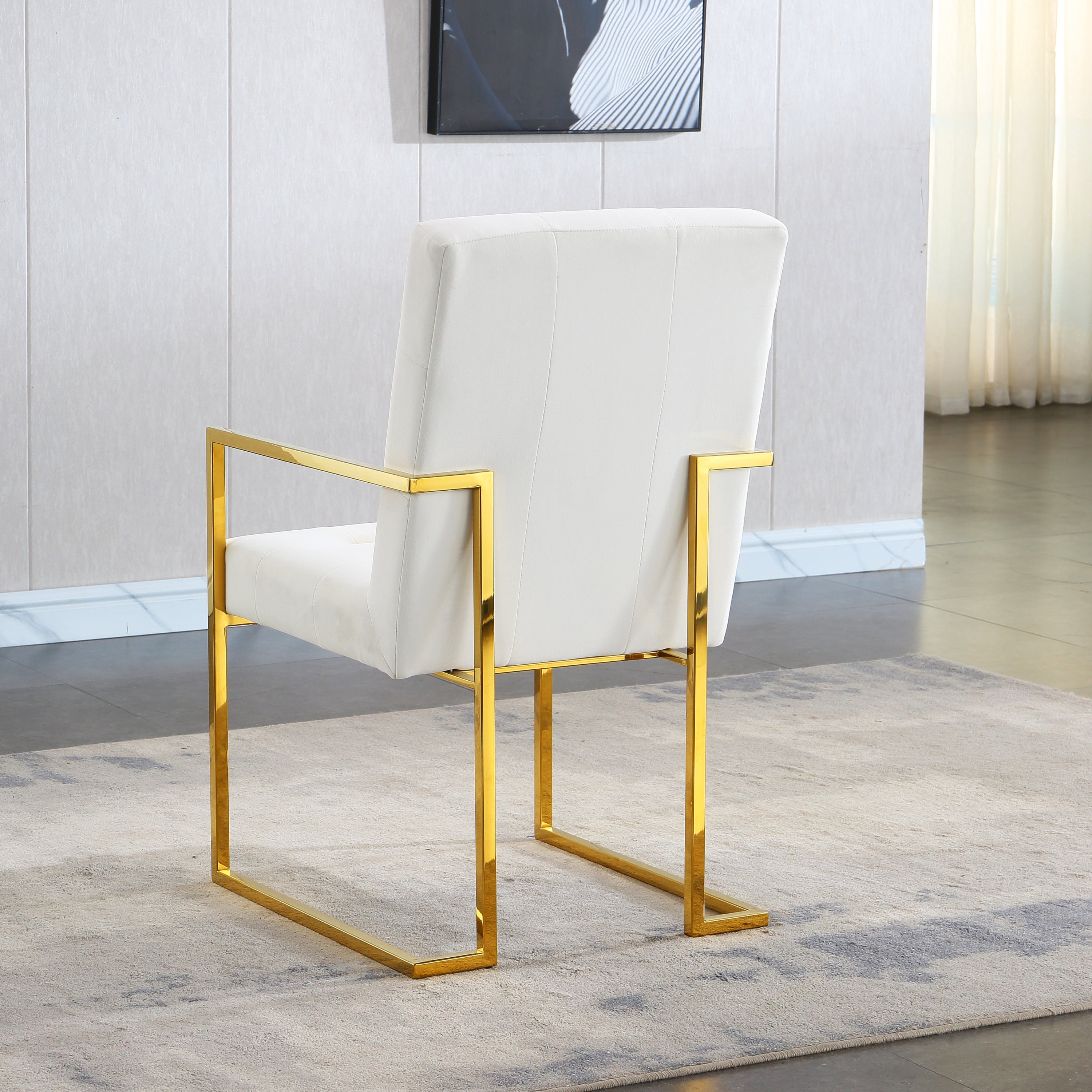 Modern Velvet Dining Arm Chair Set of 1, Tufted Design and Gold Finish Stainless Base