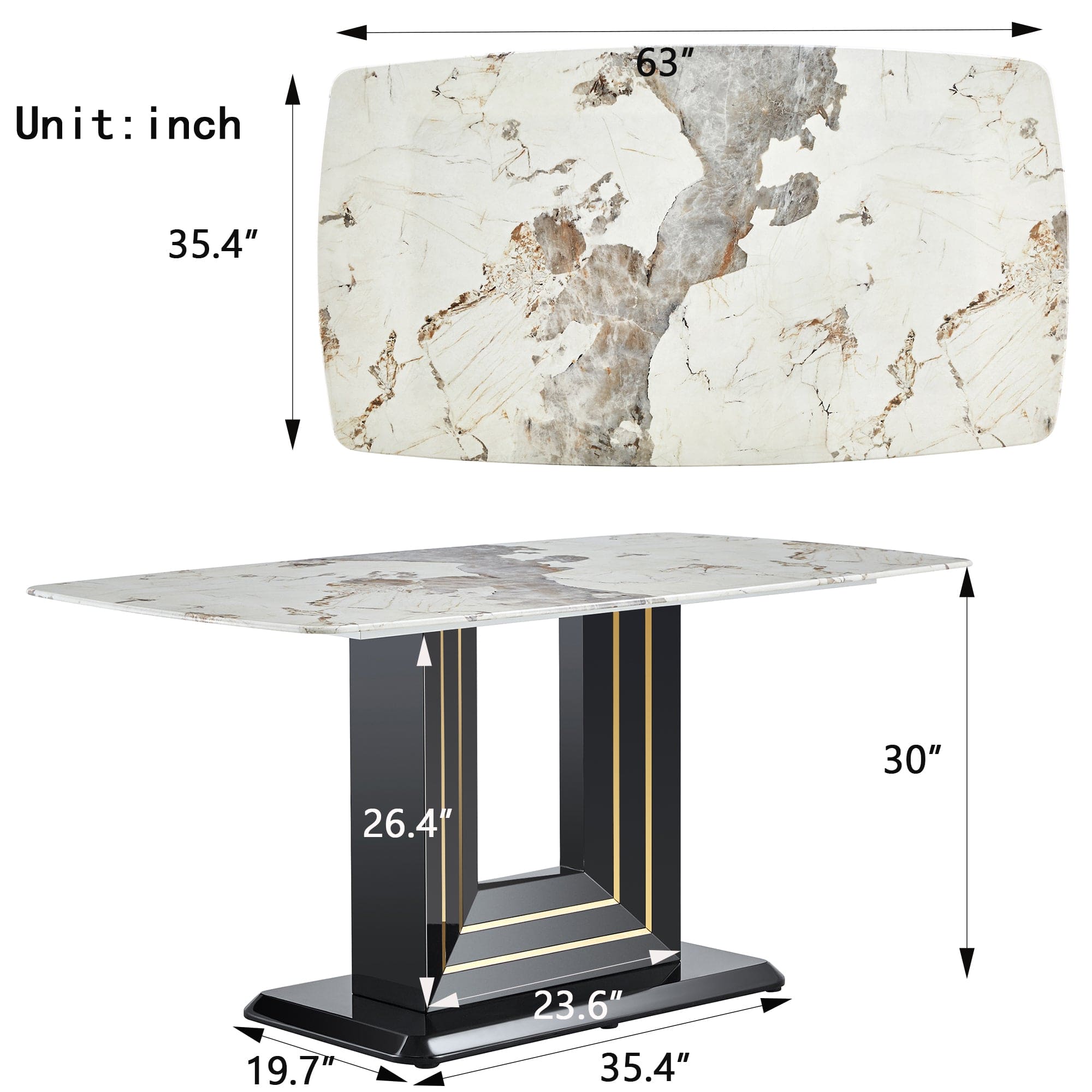 Rectangular 63" Marble Dining Table, Luxurious Dining Room Table with Faux Marble Top and U-Shape MDF Base, Modern Kitchen Dining Table for Kitchen Living Dining Room