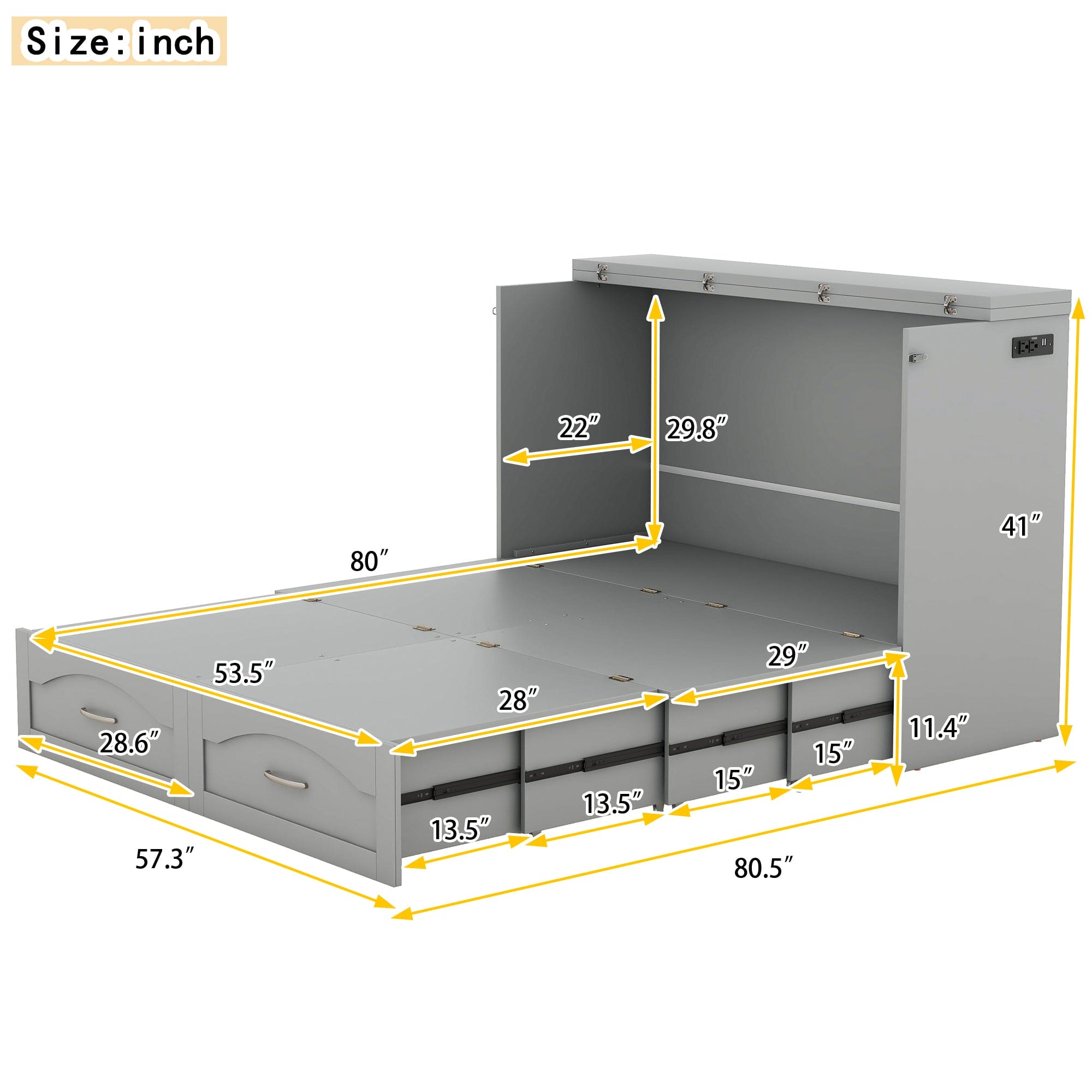 Full Size Murphy Bed Wall Bed with drawer and a set of Sockets & USB Ports, Pulley Structure Design, Gray