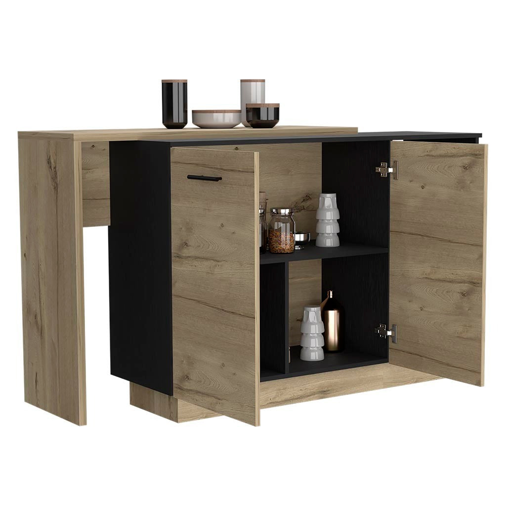 Sicilia Kitchen Island, Two  External Shelves, Double Door Cabinets, Three Shelves -Black / Light Oak