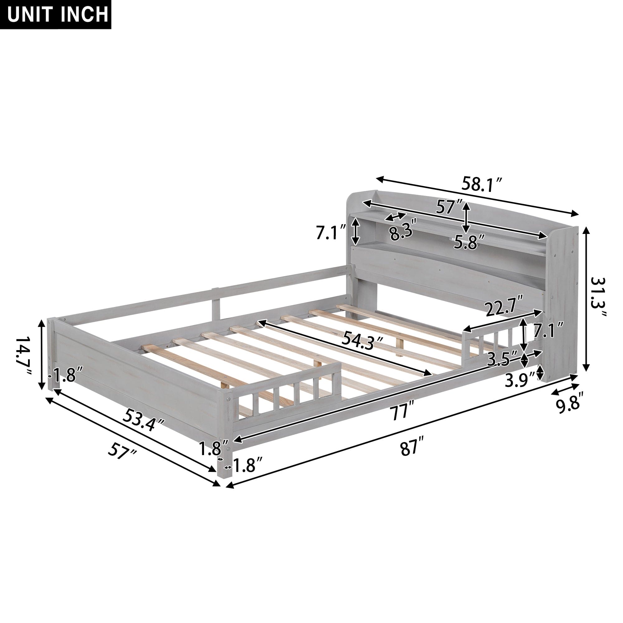 Wood Full Size Platform Bed with Built-in LED Light, Storage Headboard and Guardrail, Antique Grey