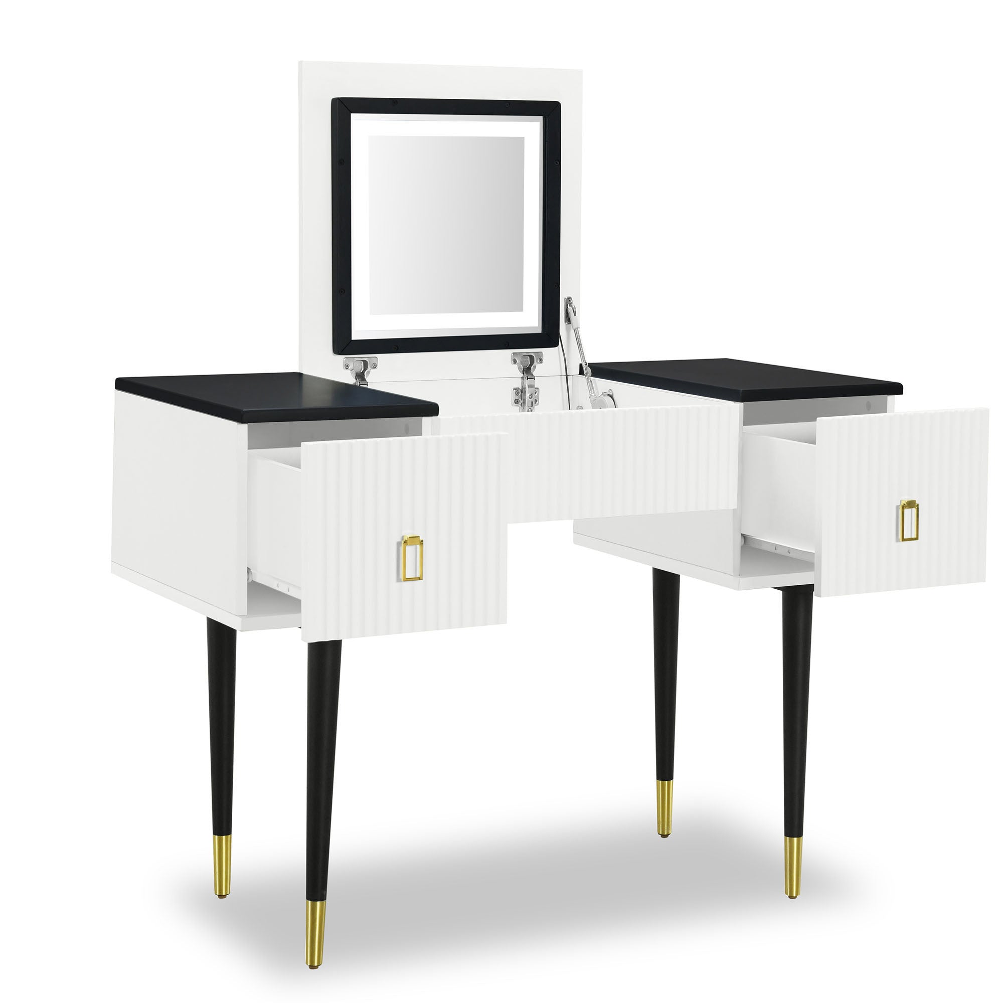 43.3" Modern Vanity Table Set with Flip-top Mirror and LED Light, Dressing Table with Customizable Storage, White and Black