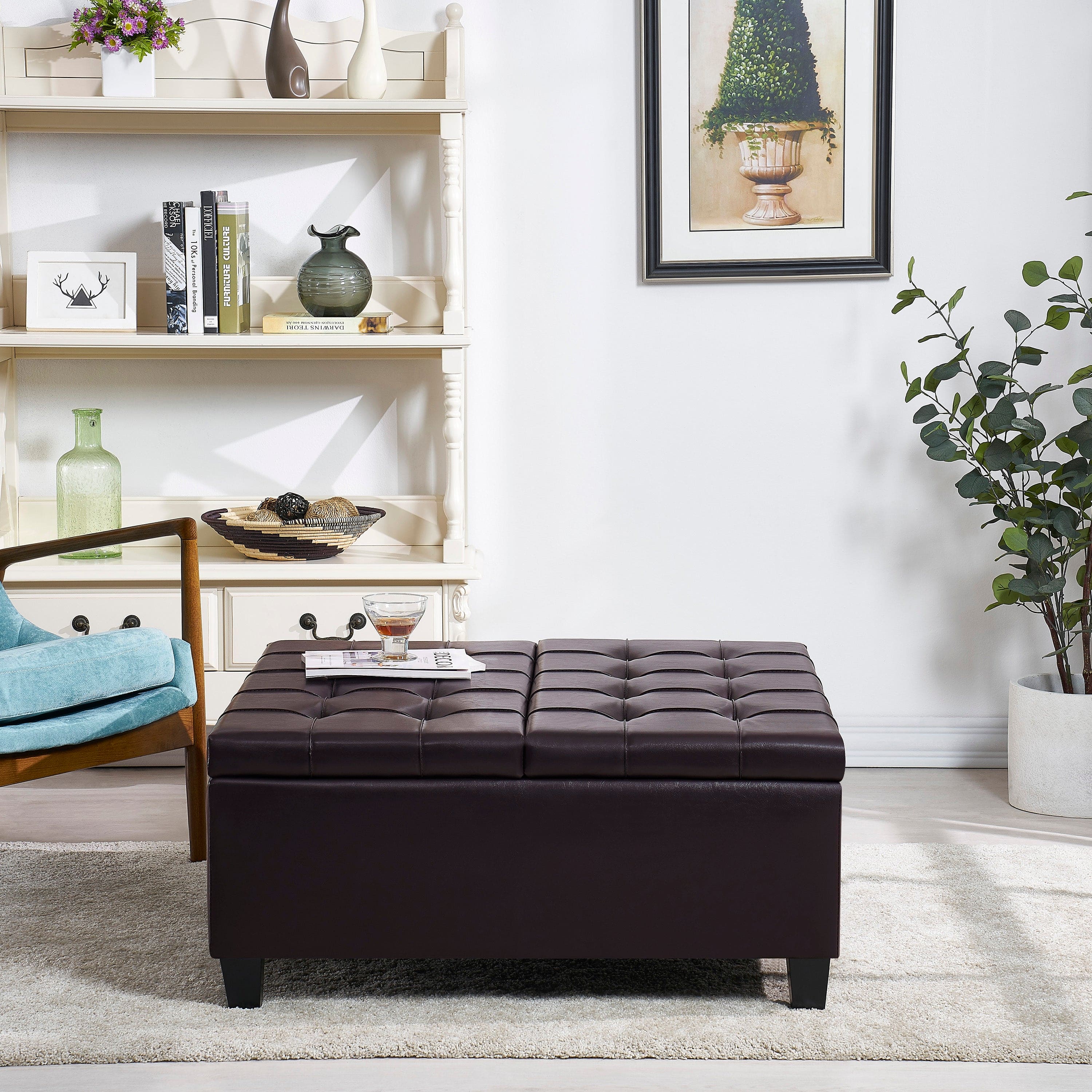 Large Square Faux Leather Storage Ottoman | Coffee table for Living Room & Bedroom (Dark Brown)