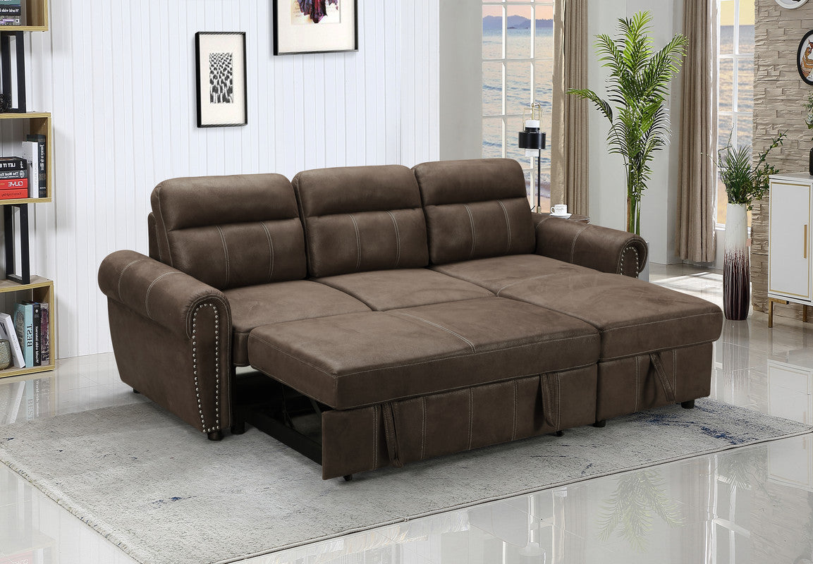 Ashton Saddle Brown Microfiber Reversible Sleeper Sectional Sofa Chaise