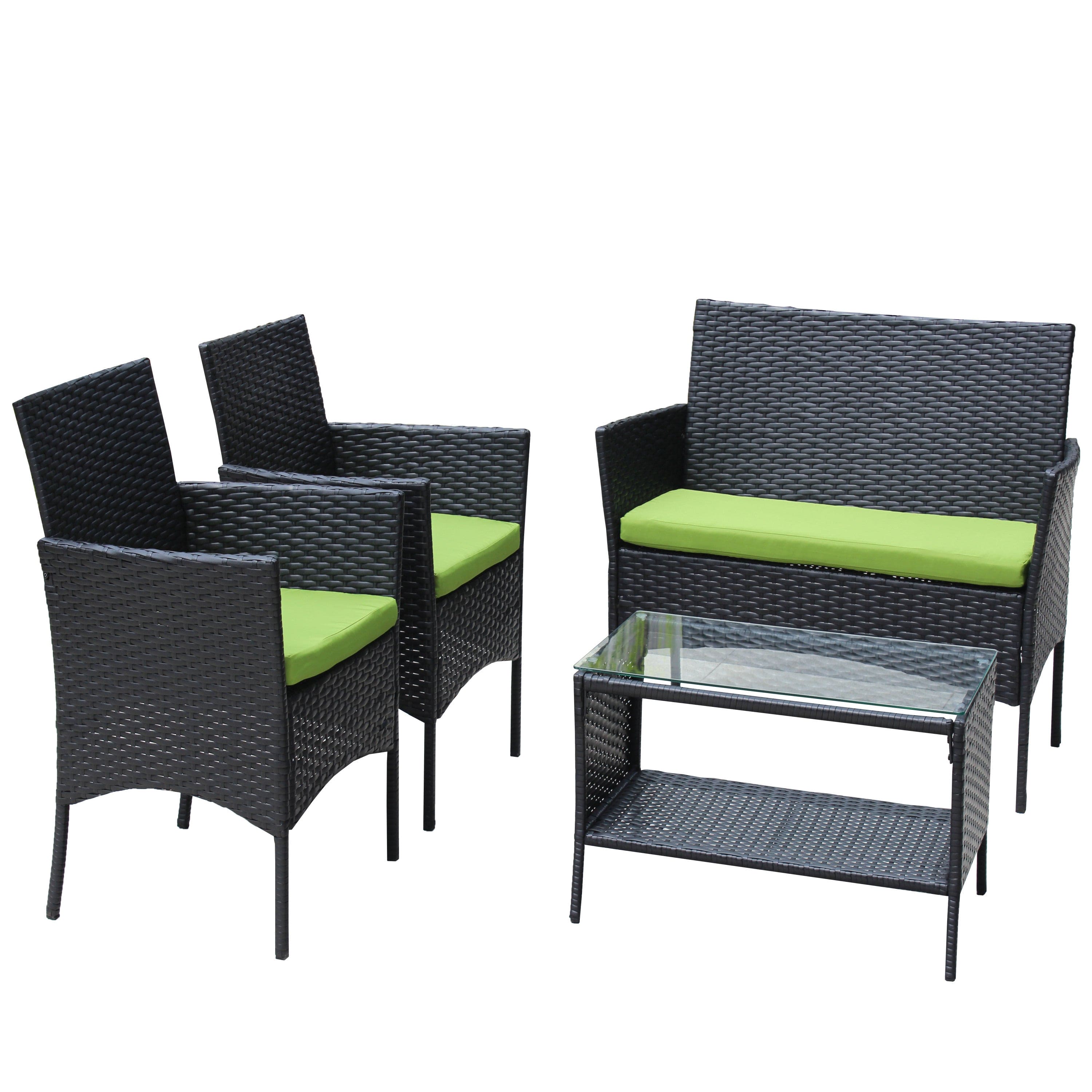 4 PC Rattan Patio Furniture Set Outdoor Patio Cushioned Seat Wicker Sofa (green Cushion)