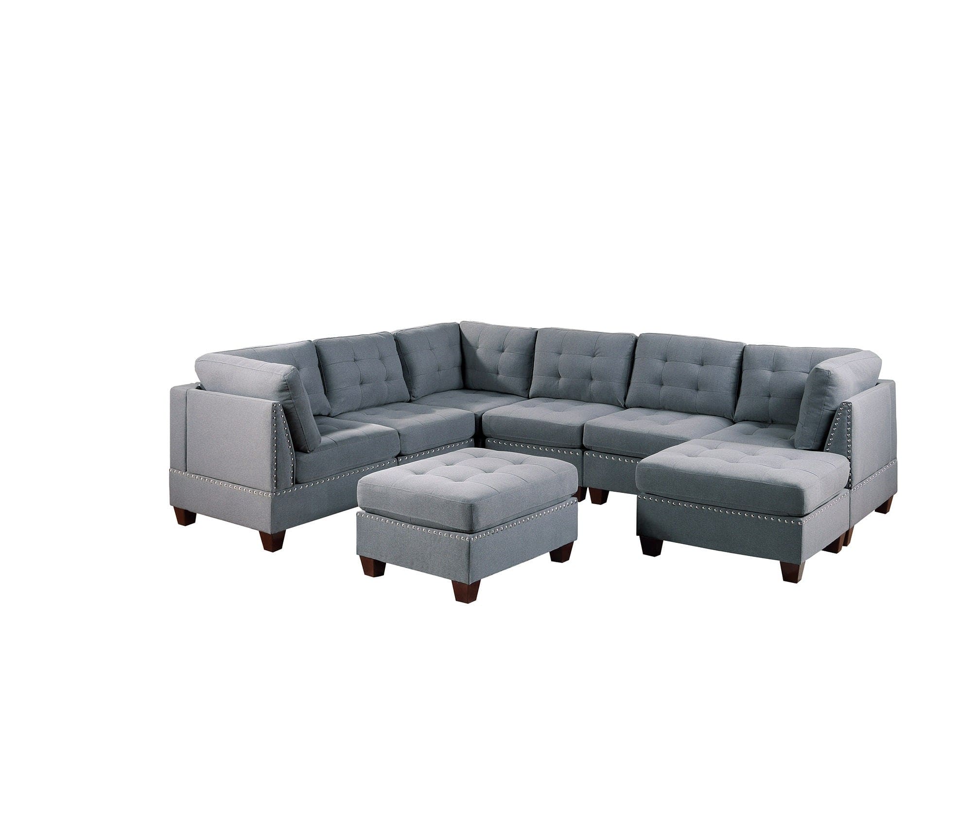 Modular Sectional 9pc Set Living Room Furniture Corner Sectional Tufted Nail heads Couch Gray Linen Like Fabric 3x Corner Wedge 4x Armless Chairs and 2x Ottomans