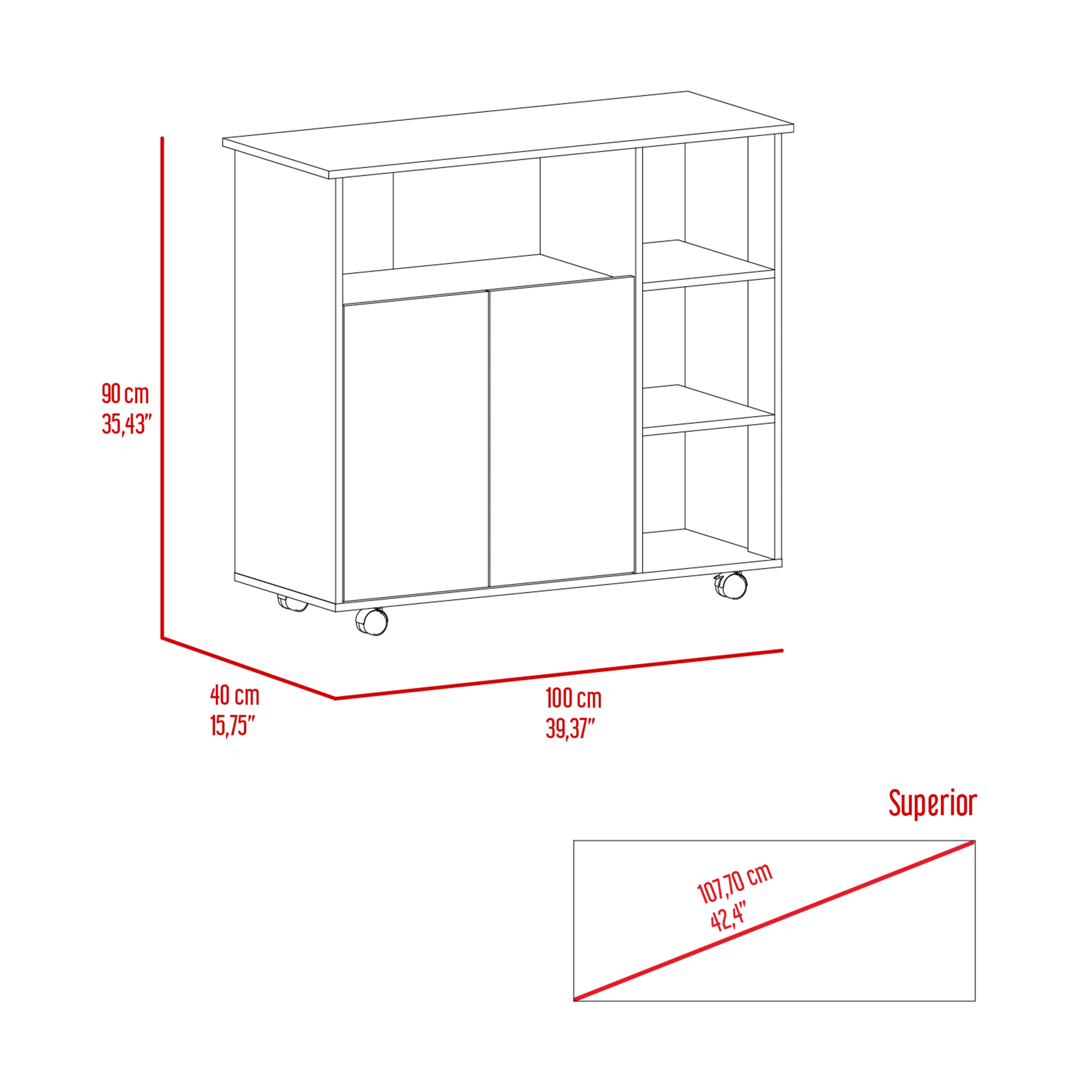 Paprika Kitchen Cart, Four Casters , Four Open Shelves, Double Door Cabinet -Light Oak / White