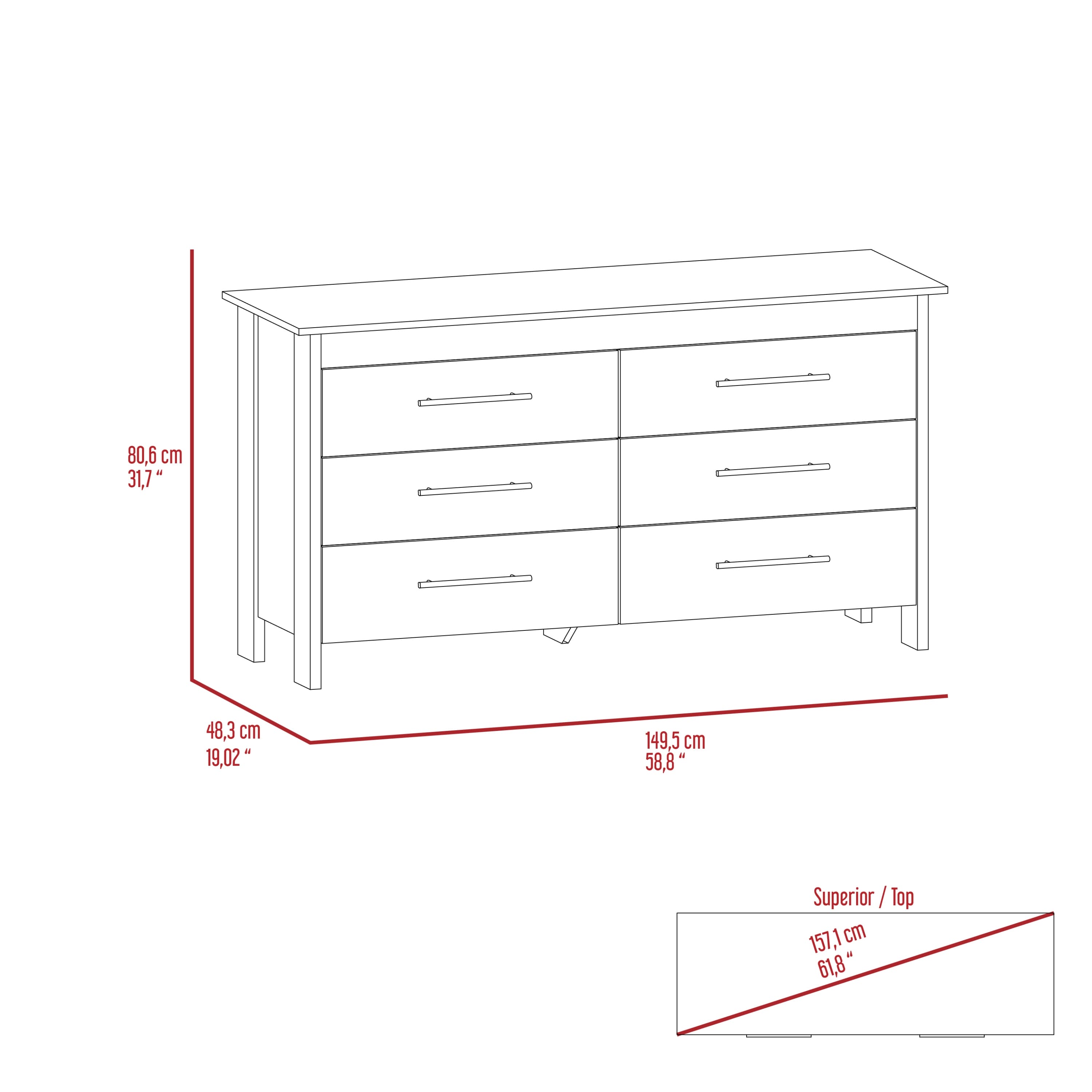 Hms 6 Drawer Double Dresser, Four Legs, Superior Top -Black