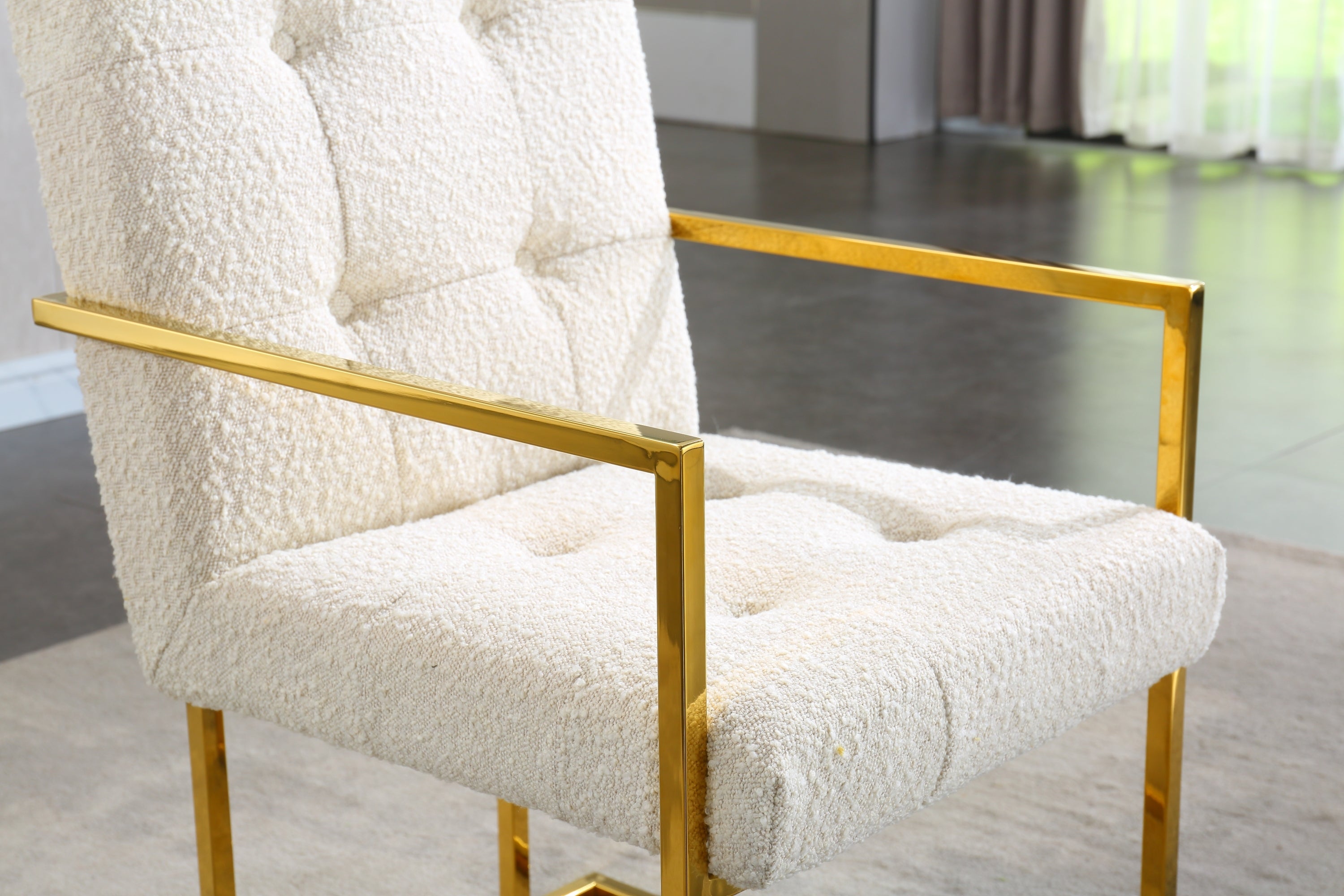 Modern Linen Dining Arm Chair Set of 1, Tufted Design and Gold Finish Stainless Base