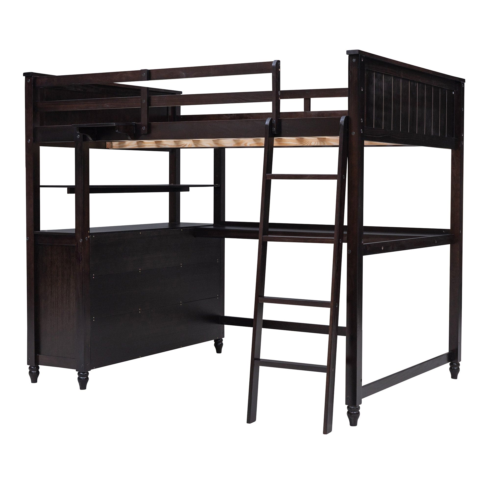 Full size Loft Bed with Drawers and Desk, Wooden Loft Bed with Shelves - Espresso(OLD SKU:LT001529AAP)