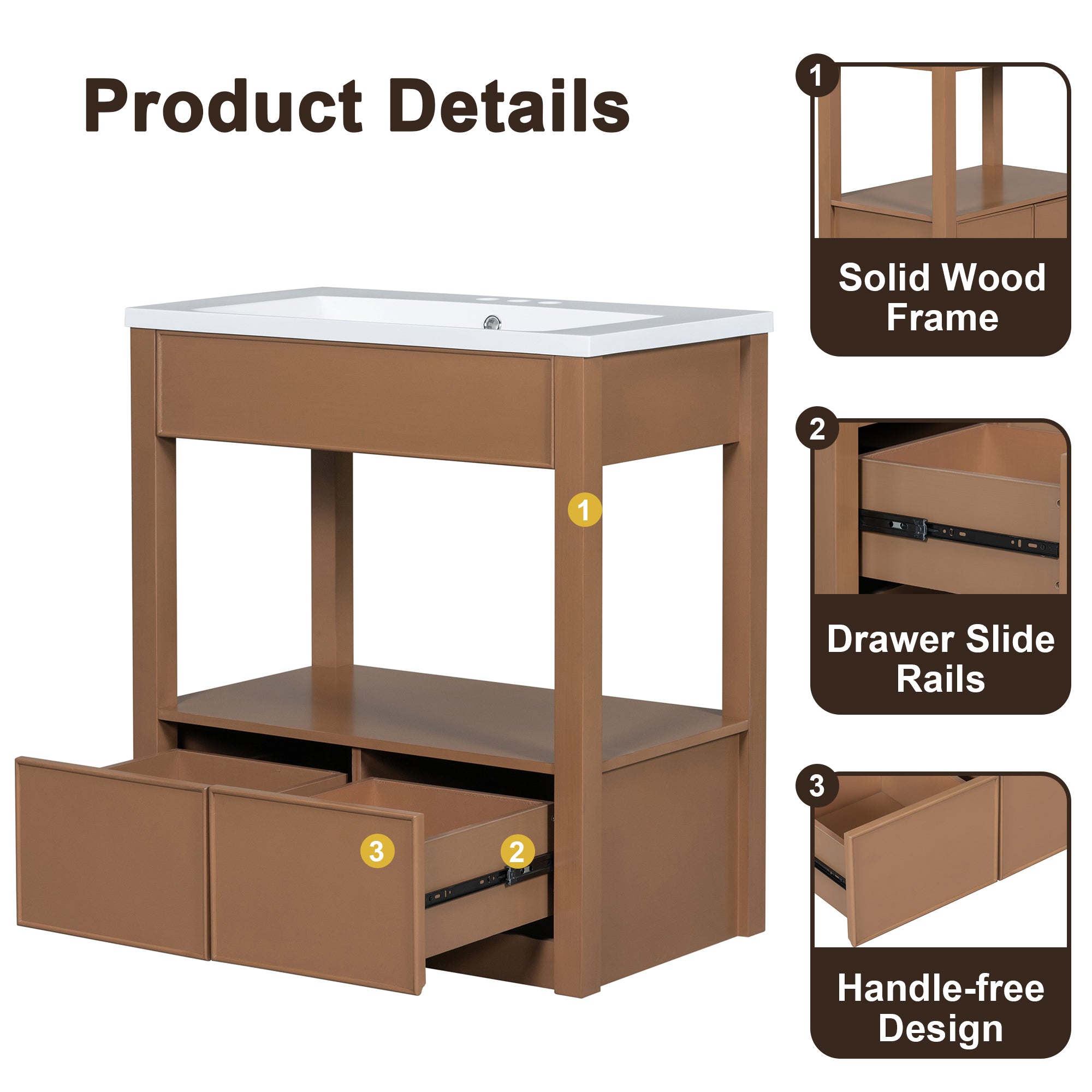 30" Bathroom Vanity with Sink Top, Bathroom Cabinet with Open Storage Shelf and Two Drawers, Brown