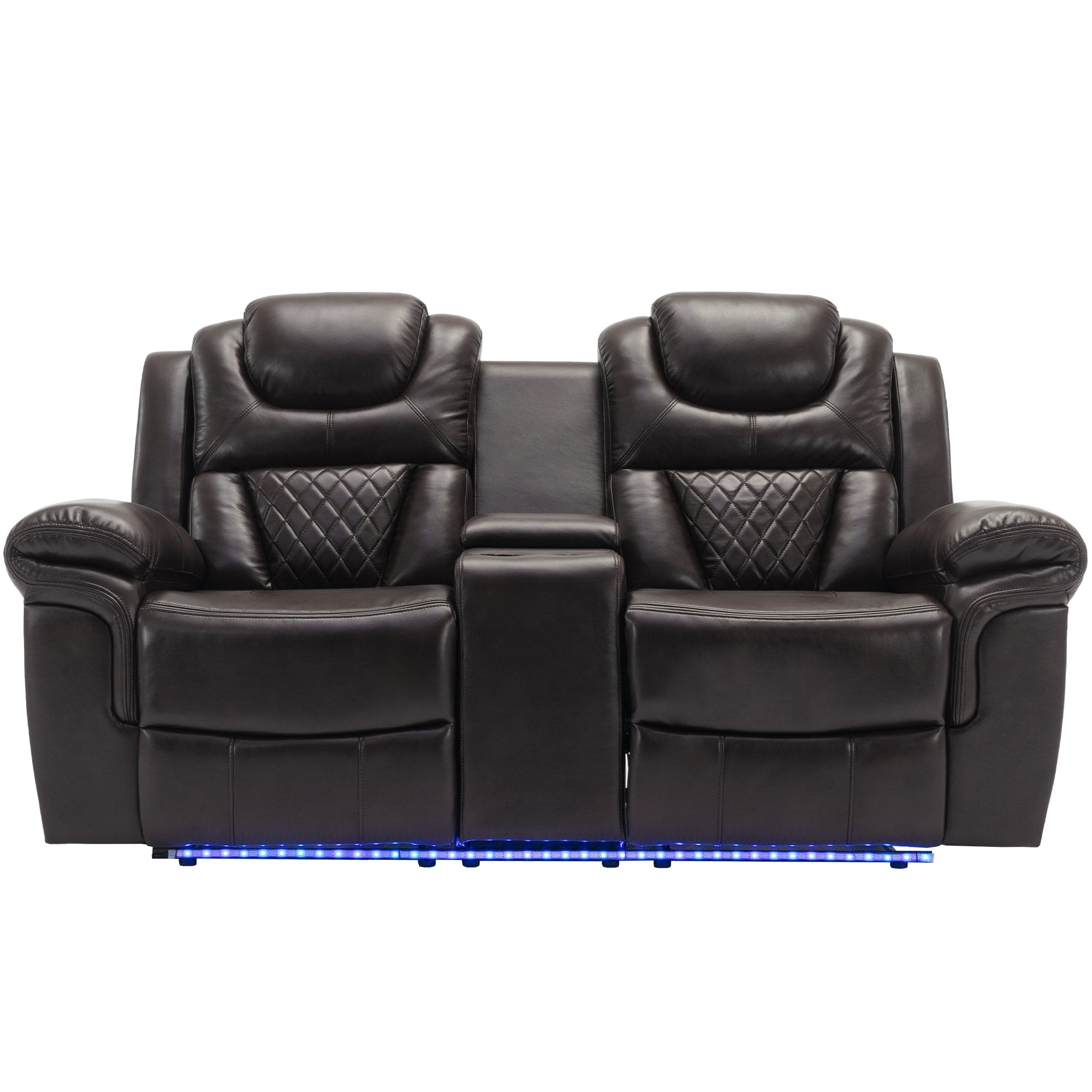 Home Theater Seating Manual Recliner Loveseat with Hide-Away Storage, Cup Holders and LED Light Strip for Living Room, Brown