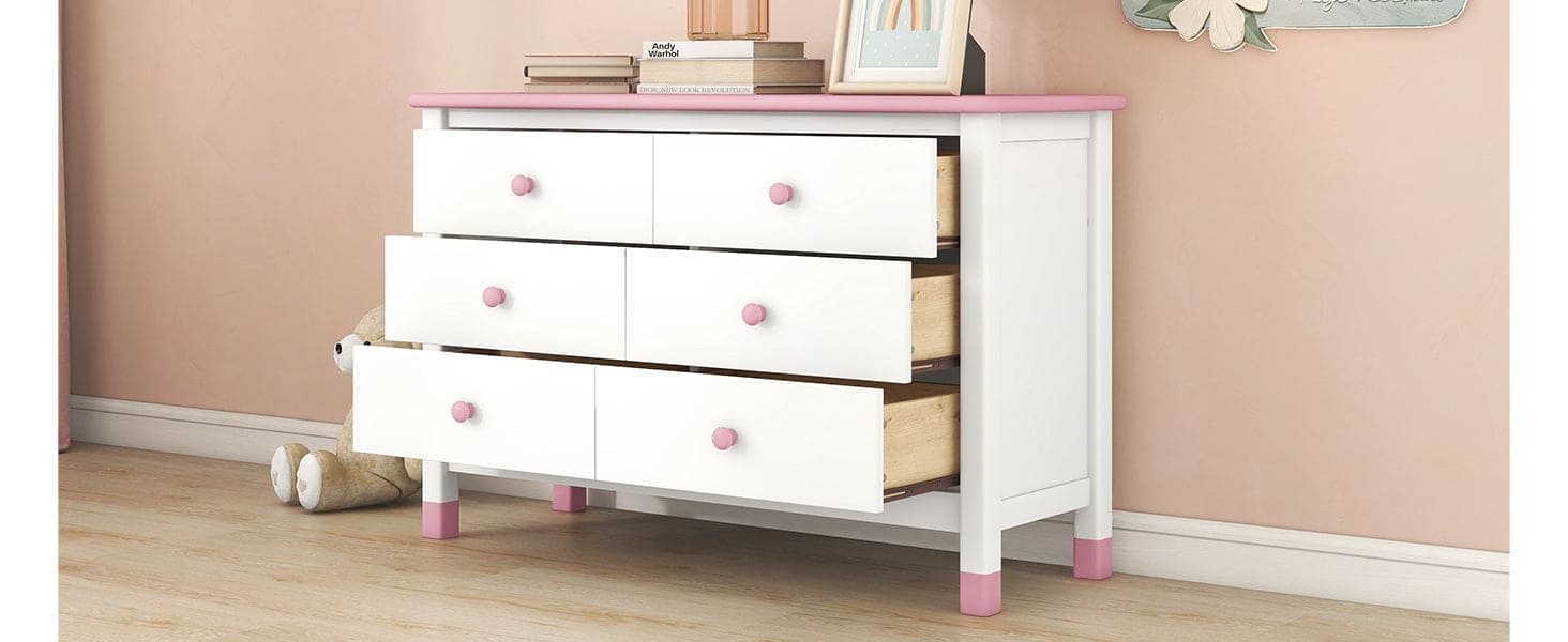 Wooden Storage Dresser with 6 Drawers,Storage Cabinet for kids Bedroom,White+Pink