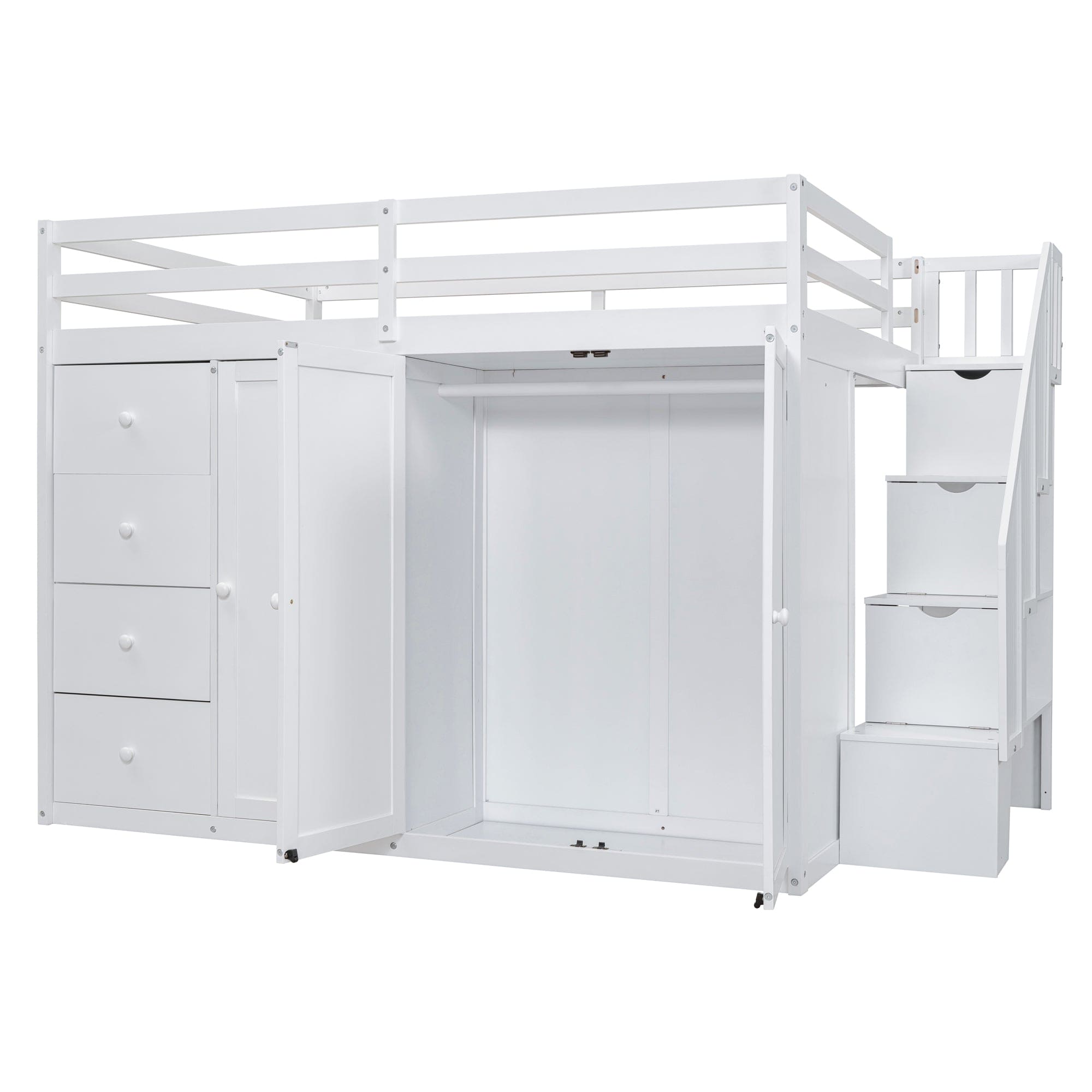 Full Size Wood Loft Bed With Built-in Wardrobes, Cabinets and Drawers, White