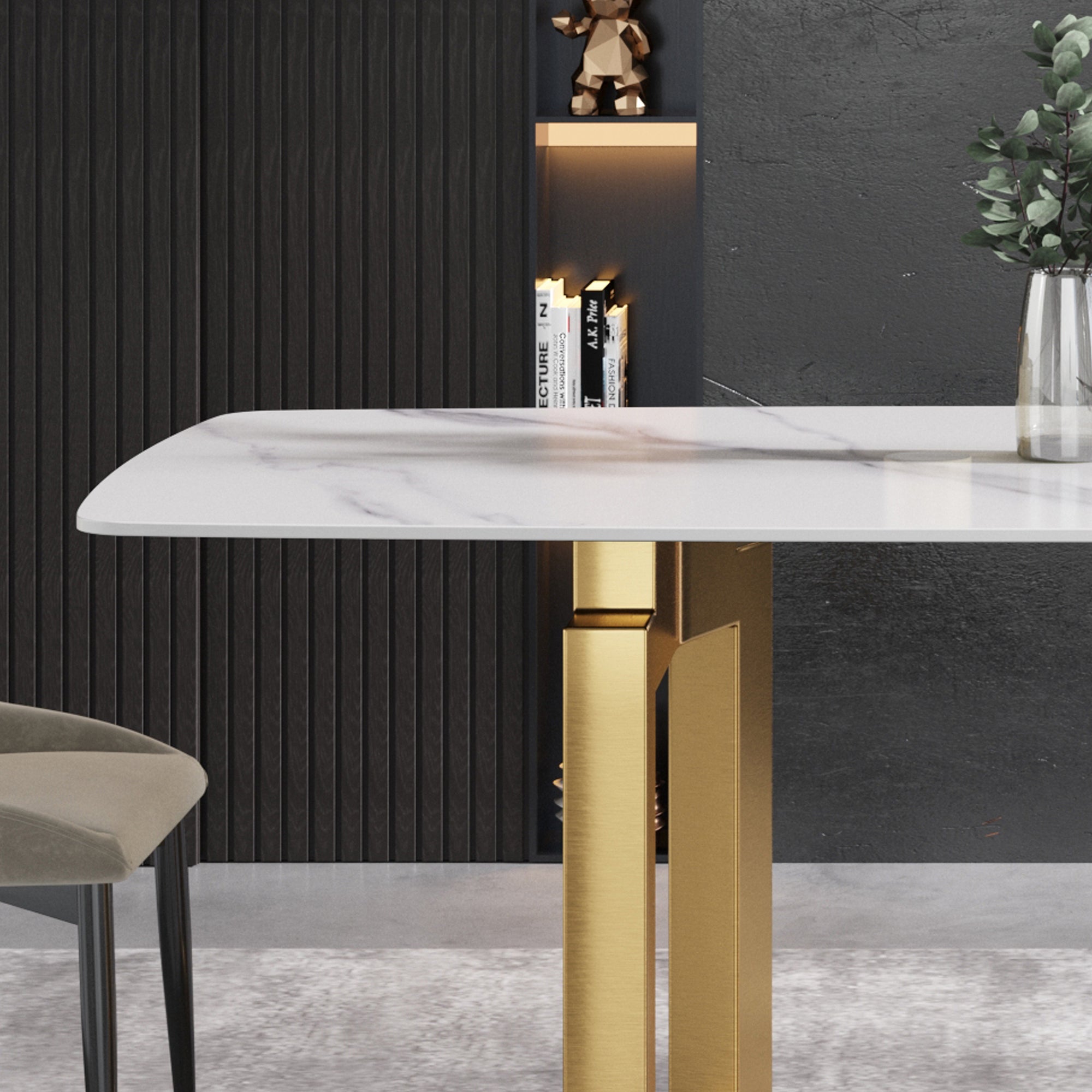 70.87"Modern artificial stone white curved golden metal leg dining table-can accommodate 6-8 people