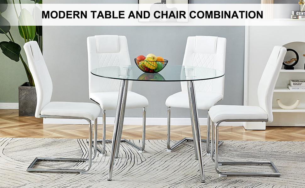 Table and chair set. (1 table+4 chairs set) A circular dining table with a 40 inch diameter glass tabletop and electroplated  metal legs. 4 white PU chairs DT-1164 001