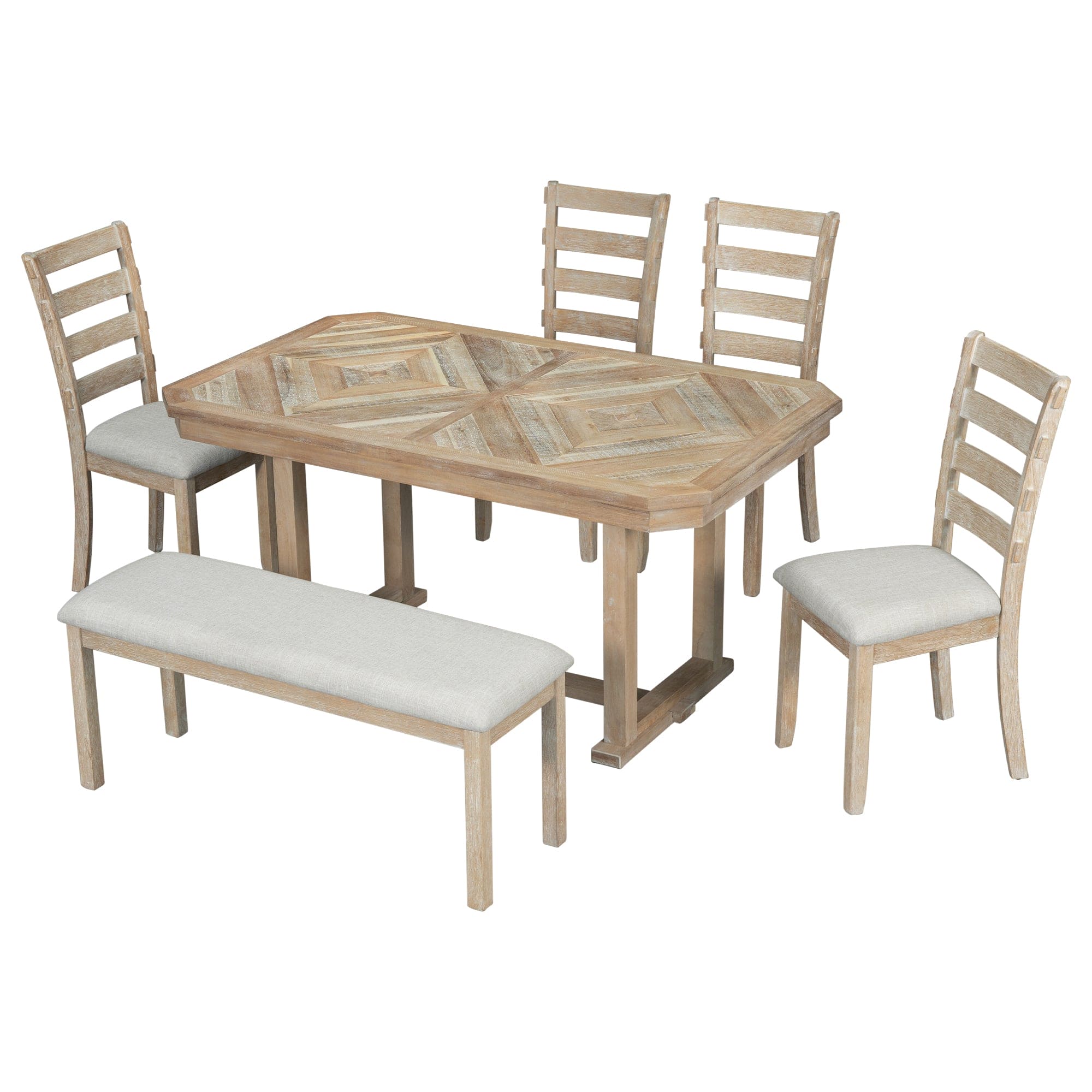 TREXM 6-Piece Rubber Wood Dining Table Set with Beautiful Wood Grain Pattern Tabletop Solid Wood Veneer and Soft Cushion (Natural Wood Wash)