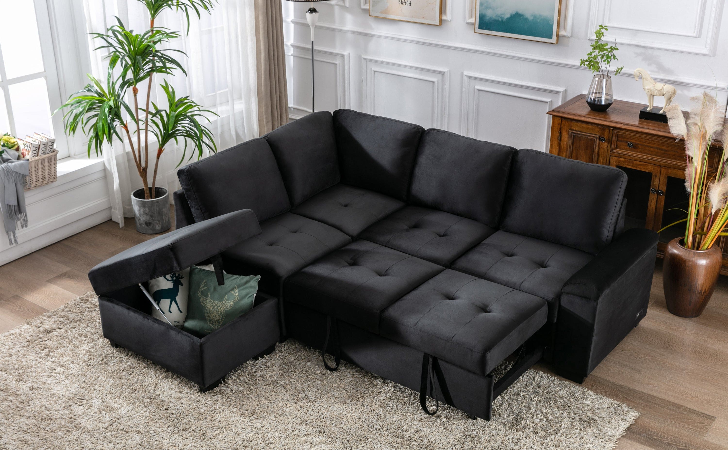 Sleeper Sectional Sofa, L-Shape Corner Couch Sofa-Bed with Storage Ottoman & Hidden Arm Storage & USB Charge  for Living Room Apartment, Black