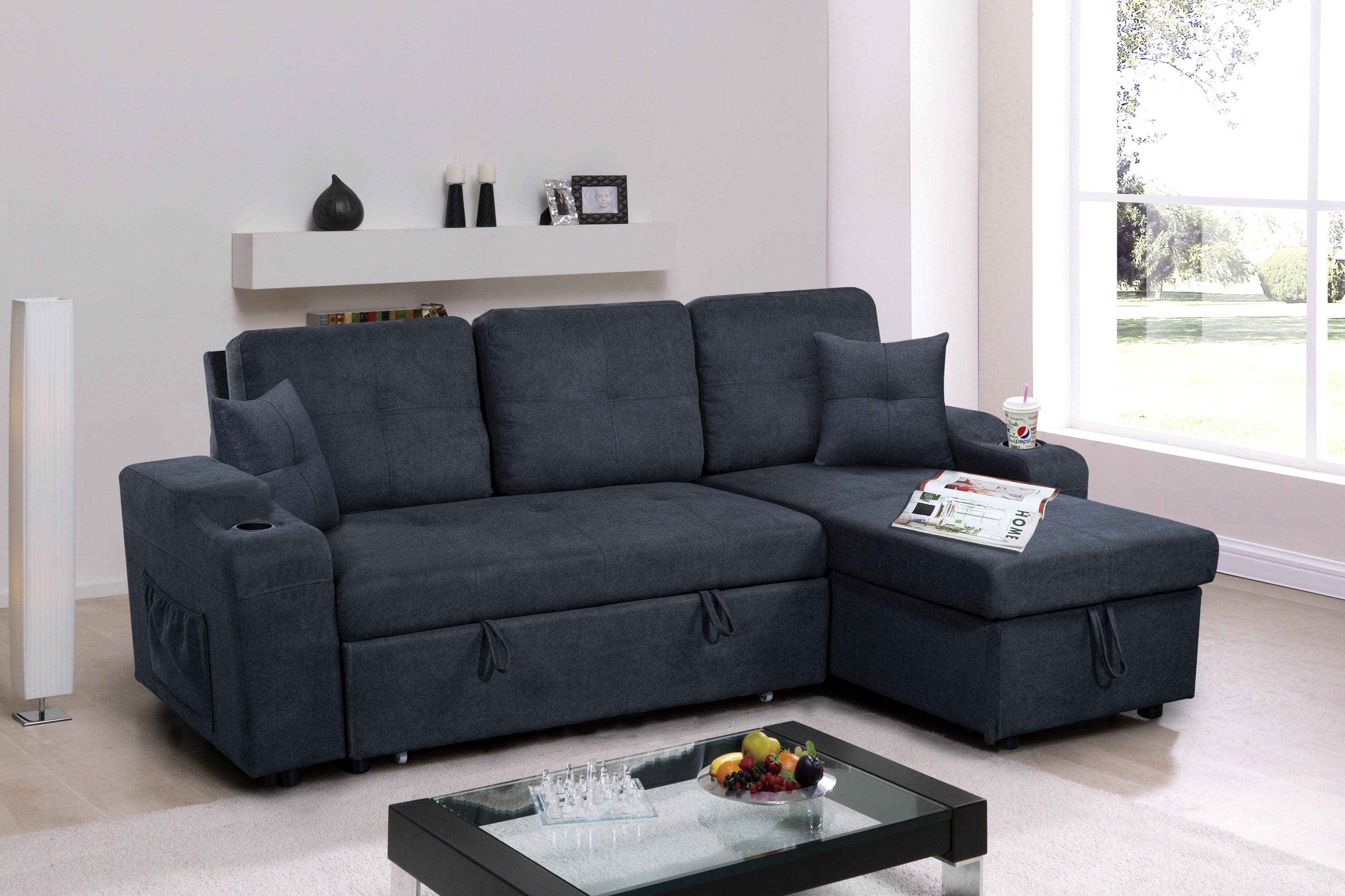 Right-facing sectional sofa with footrest, convertible corner sofa with armrest storage, living room and apartment sectional sofa, right chaise longue and  dark  grey