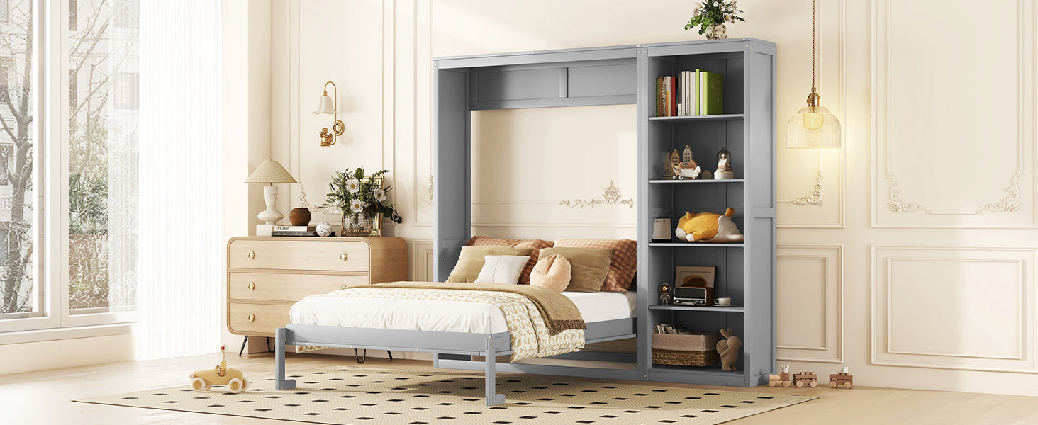 Queen Size Murphy Bed Wall Bed with Shelves,Gray