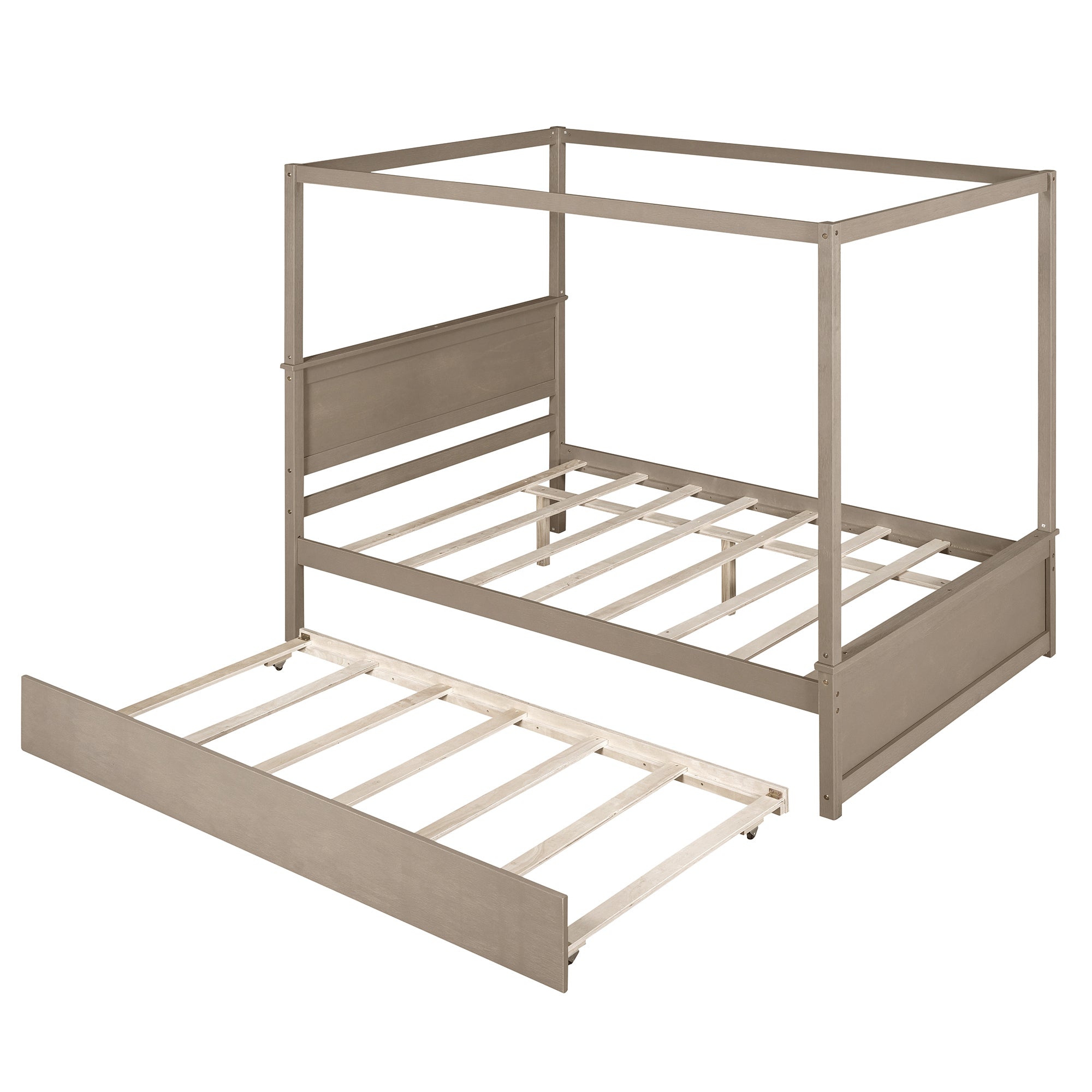 Wood Canopy Bed with Trundle Bed ,Full Size Canopy Platform bed With  Support Slats .No Box Spring Needed, Brushed  Light Brown